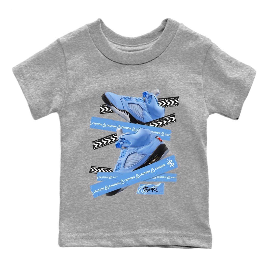 Jordan 5 UNC Jordan Shirts Caution Tape Sneaker Tees Air Jordan 5 Retro UNC Sneaker Release Tees Kids Shirts Heather Grey 2
