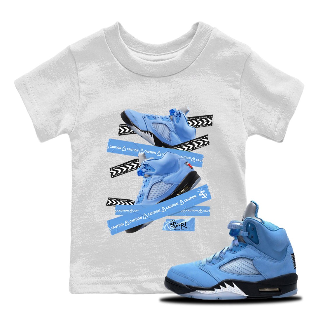 Jordan 5 UNC Jordan Shirts Caution Tape Sneaker Tees Air Jordan 5 Retro UNC Sneaker Release Tees Kids Shirts White 1
