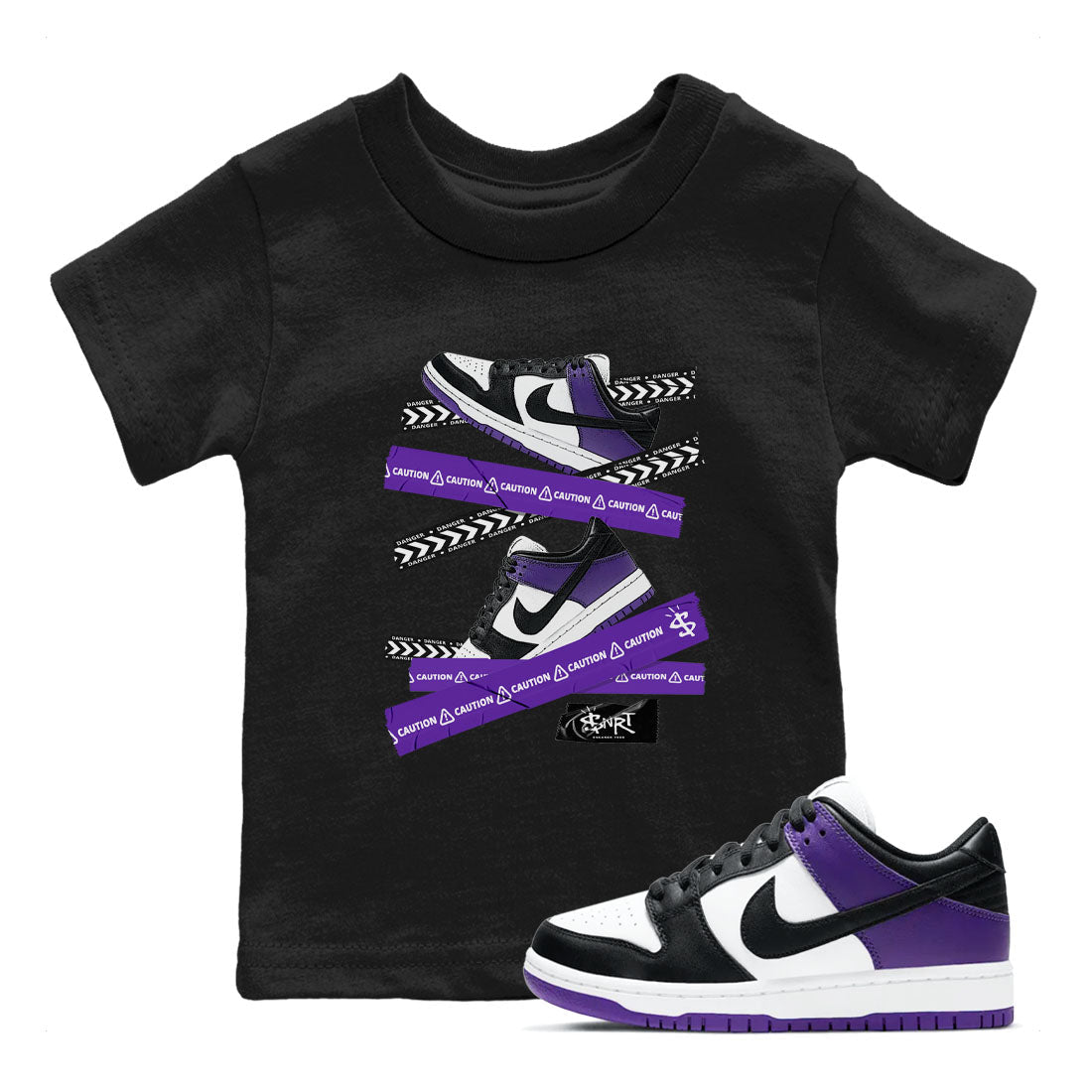 Caution Tape sneaker match tees to Court Purple Dunks street fashion brand for shirts to match Jordans SNRT Sneaker Tees Dunk Low Court Purple unisex t-shirt Black 1 youth shirt