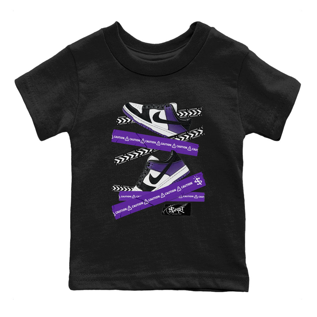 Caution Tape sneaker match tees to Court Purple Dunks street fashion brand for shirts to match Jordans SNRT Sneaker Tees Dunk Low Court Purple unisex t-shirt Black 2 youth shirt