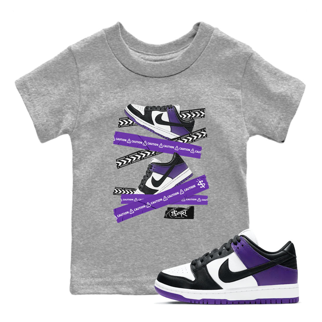 Caution Tape sneaker match tees to Court Purple Dunks street fashion brand for shirts to match Jordans SNRT Sneaker Tees Dunk Low Court Purple unisex t-shirt Heather Grey 1 youth shirt