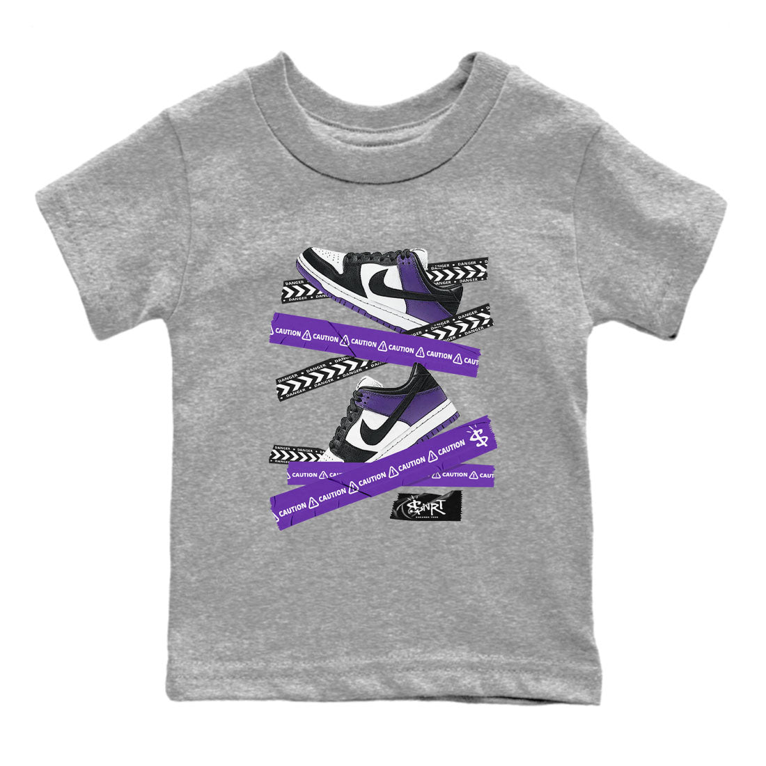 Caution Tape sneaker match tees to Court Purple Dunks street fashion brand for shirts to match Jordans SNRT Sneaker Tees Dunk Low Court Purple unisex t-shirt Heather Grey 2 youth shirt