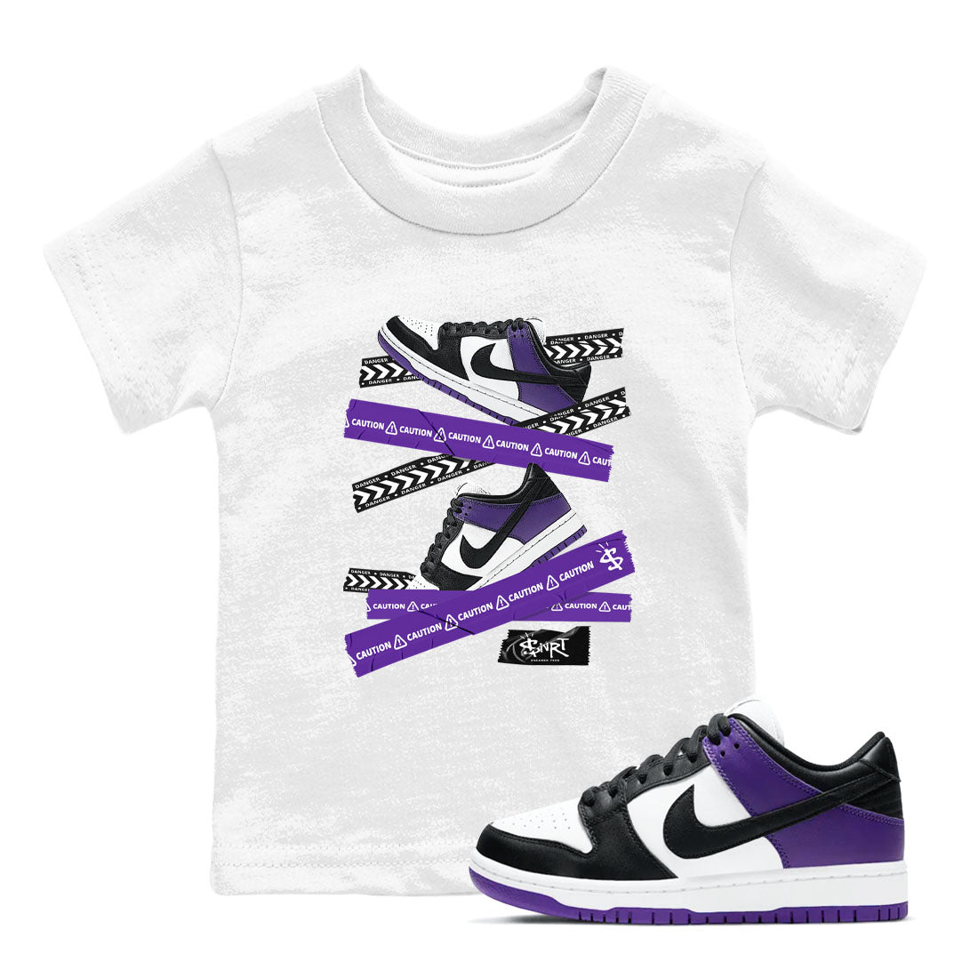 Caution Tape sneaker match tees to Court Purple Dunks street fashion brand for shirts to match Jordans SNRT Sneaker Tees Dunk Low Court Purple unisex t-shirt White 1 youth shirt