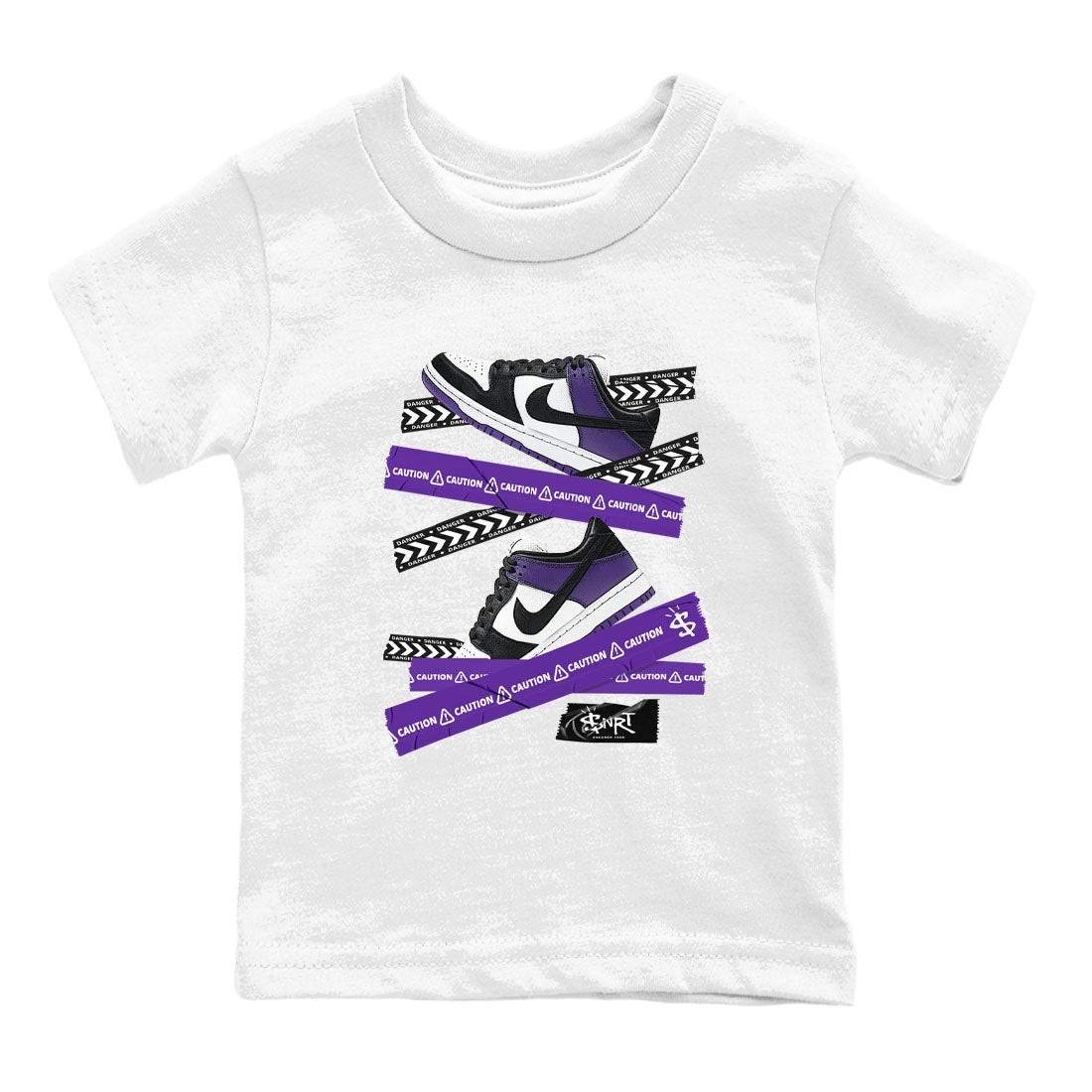 Caution Tape sneaker match tees to Court Purple Dunks street fashion brand for shirts to match Jordans SNRT Sneaker Tees Dunk Low Court Purple unisex t-shirt White 2 youth shirt