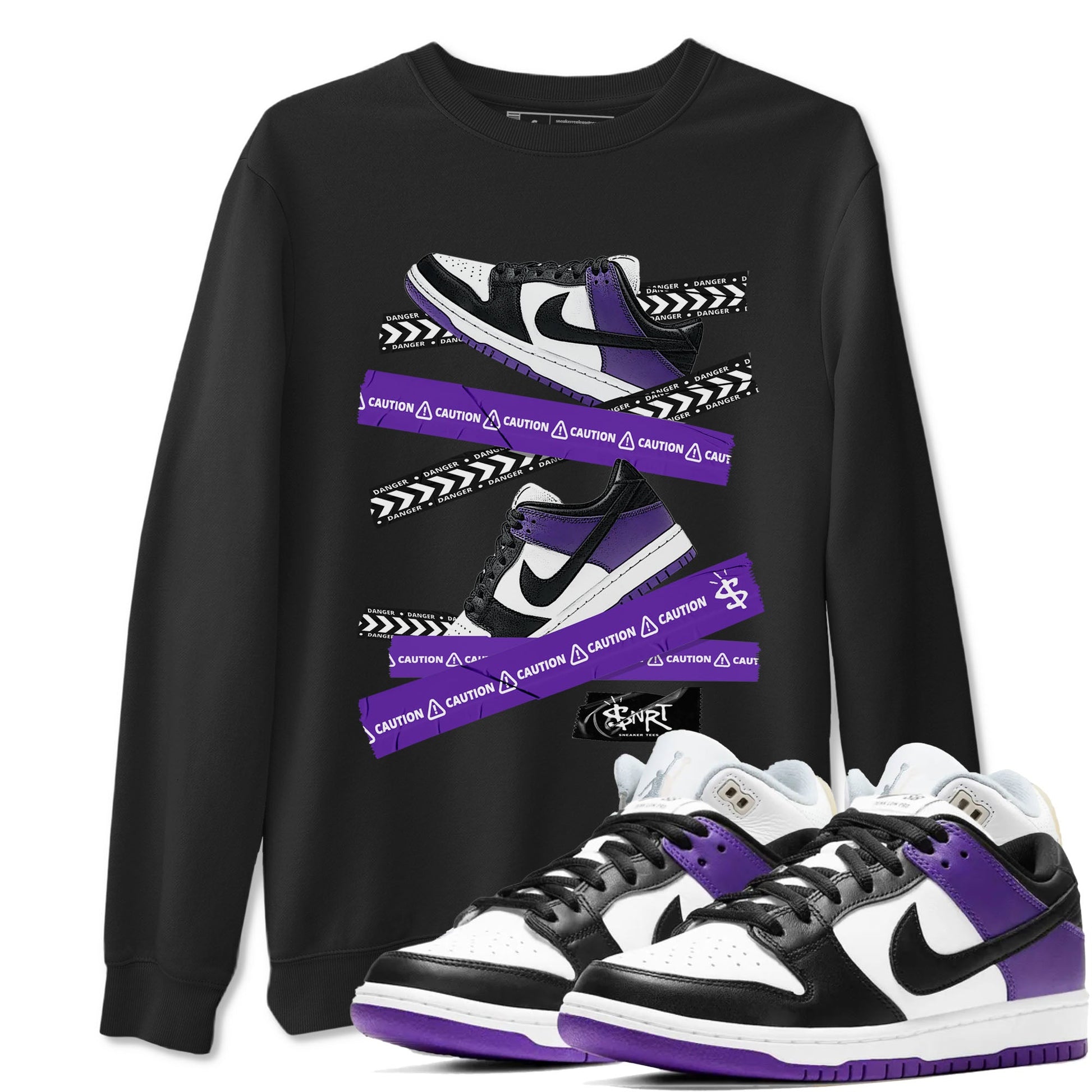Caution Tape sneaker match tees to Court Purple Dunks street fashion brand for shirts to match Jordans SNRT Sneaker Tees Dunk Low Court Purple unisex t-shirt Black 1 unisex shirt