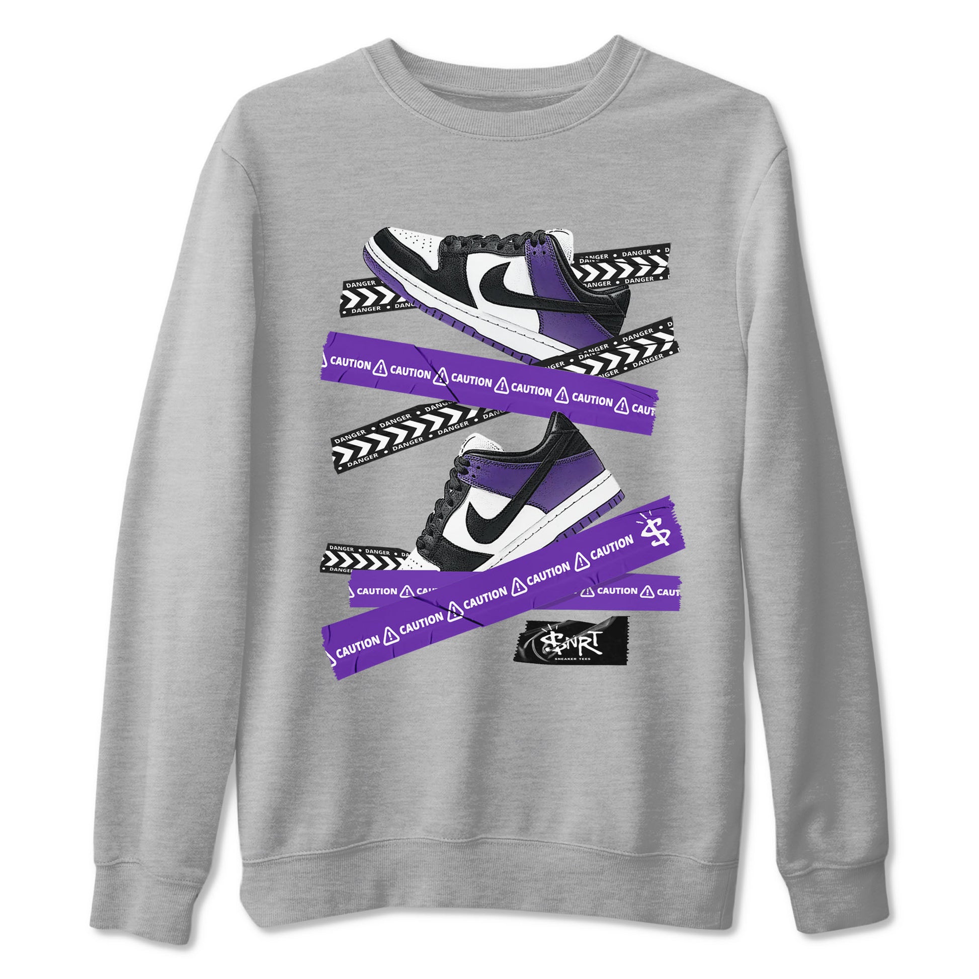 Caution Tape sneaker match tees to Court Purple Dunks street fashion brand for shirts to match Jordans SNRT Sneaker Tees Dunk Low Court Purple unisex t-shirt Heather Grey 2 unisex shirt