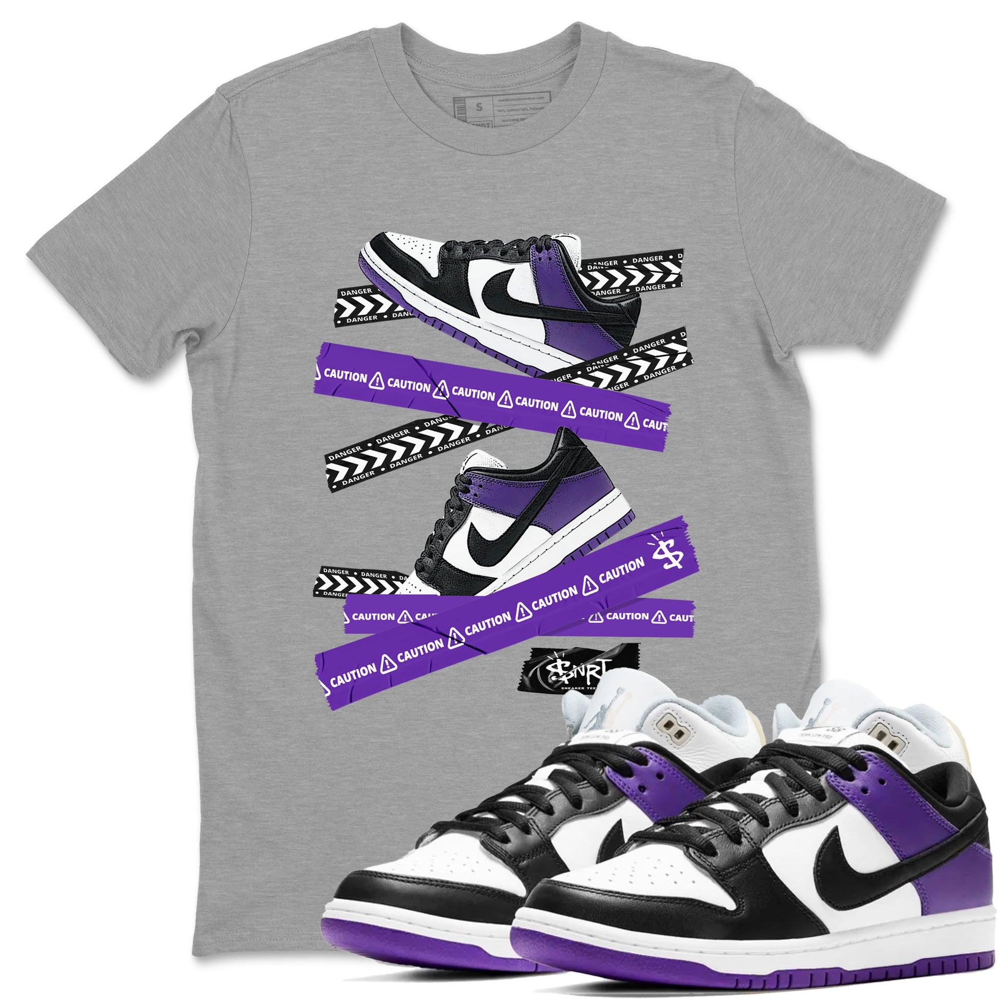 Caution Tape sneaker match tees to Court Purple Dunks street fashion brand for shirts to match Jordans SNRT Sneaker Tees Dunk Low Court Purple unisex t-shirt Heather Grey 1 unisex shirt