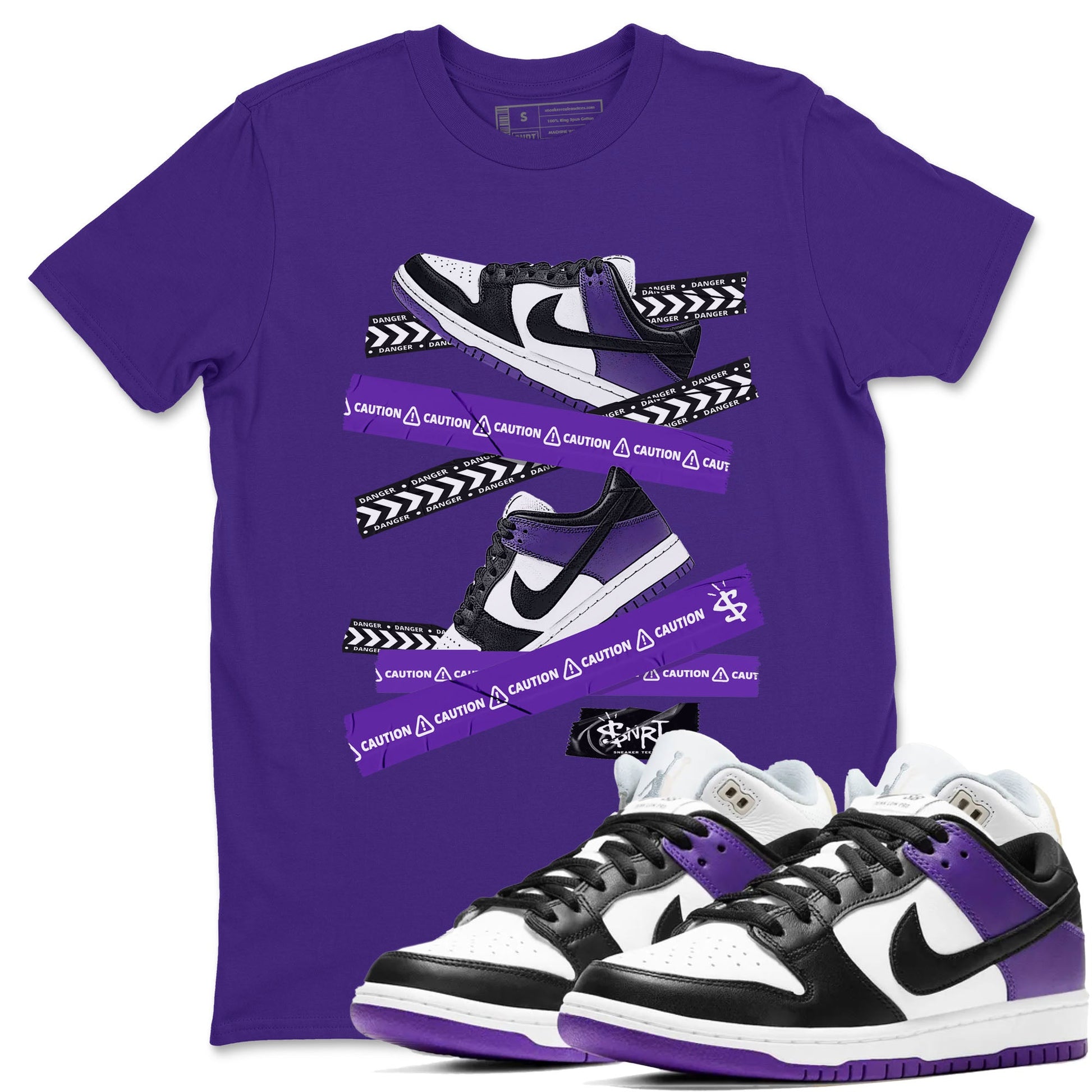 Caution Tape sneaker match tees to Court Purple Dunks street fashion brand for shirts to match Jordans SNRT Sneaker Tees Dunk Low Court Purple unisex t-shirt Purple 1 unisex shirt