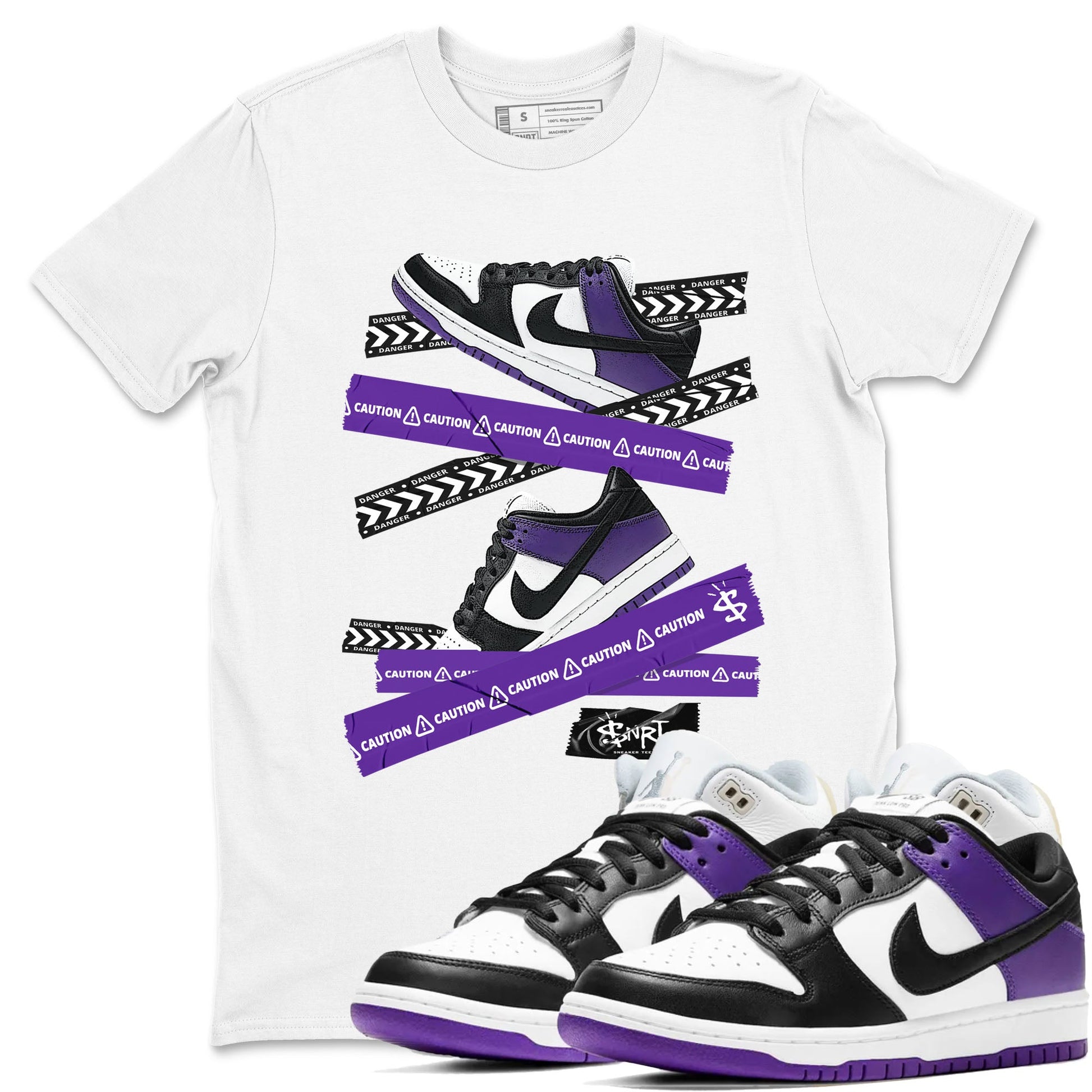 Caution Tape sneaker match tees to Court Purple Dunks street fashion brand for shirts to match Jordans SNRT Sneaker Tees Dunk Low Court Purple unisex t-shirt White 1 unisex shirt