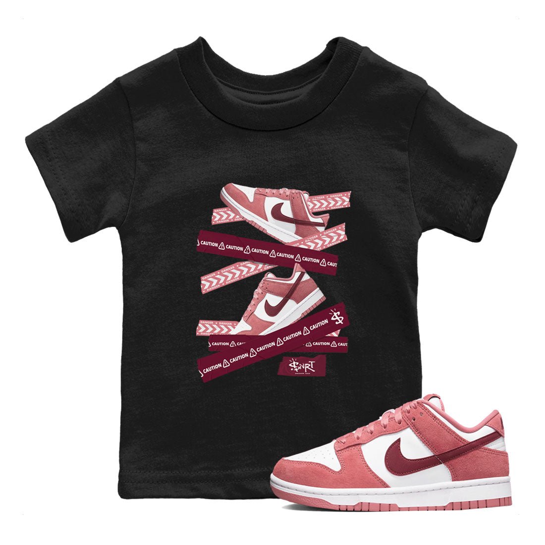 Dunk Valentine's Day shirt to match jordans Caution Tape sneaker tees Dunks Valentine's Day SNRT sneaker release tees baby toddler Black 1 cotton Shirt