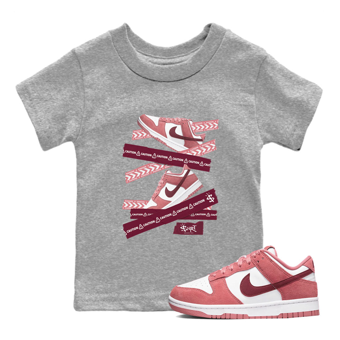 Dunk Valentine's Day shirt to match jordans Caution Tape sneaker tees Dunks Valentine's Day SNRT sneaker release tees baby toddler Heather Grey 1 cotton Shirt