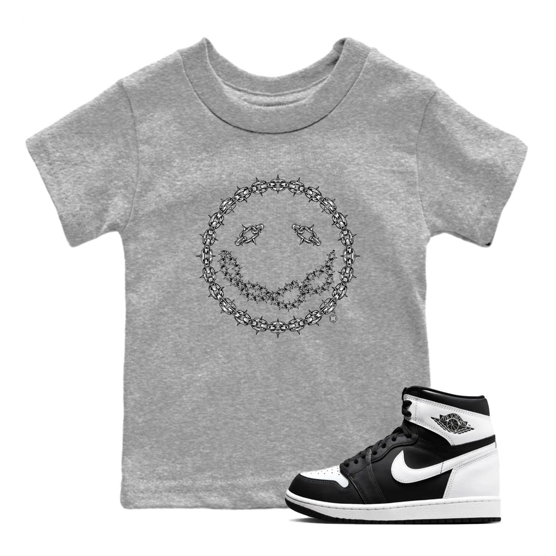 Air Jordan 1 High OG Black White shirt to match jordans Chain Smile sneaker tees 1s Black White SNRT Sneaker Release Tees Streetwear baby toddler Heather Grey 1 cotton Shirt