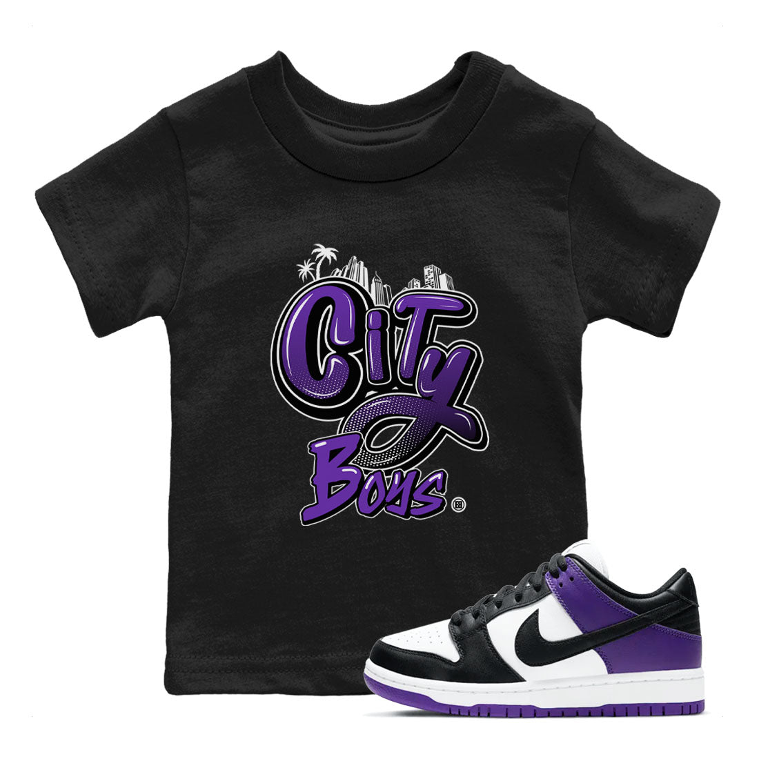 City Boys sneaker match tees to Court Purple Dunks street fashion brand for shirts to match Jordans SNRT Sneaker Tees Dunk Low Court Purple unisex t-shirt Black 1 youth shirt