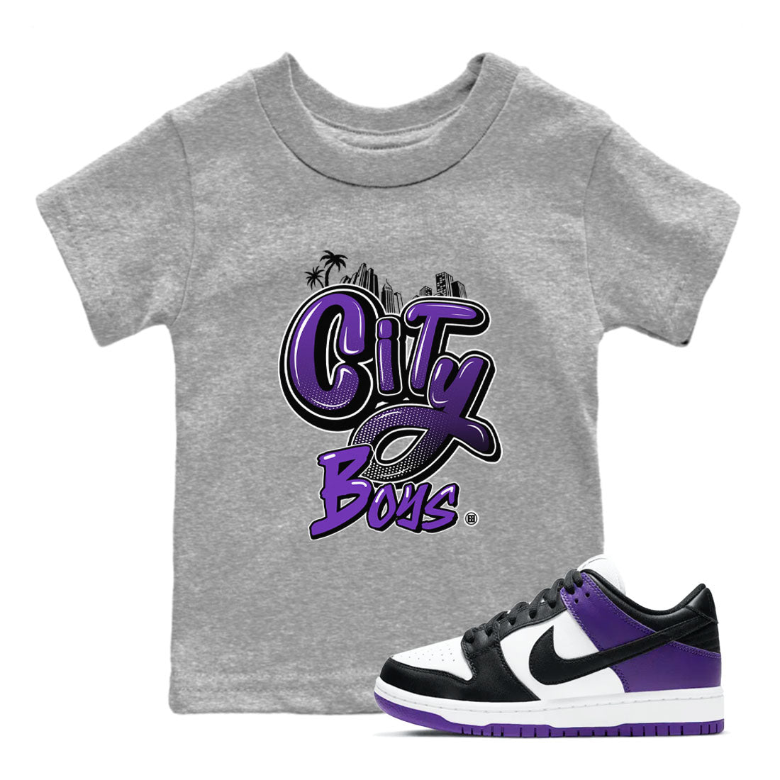 City Boys sneaker match tees to Court Purple Dunks street fashion brand for shirts to match Jordans SNRT Sneaker Tees Dunk Low Court Purple unisex t-shirt Heather Grey 1 youth shirt
