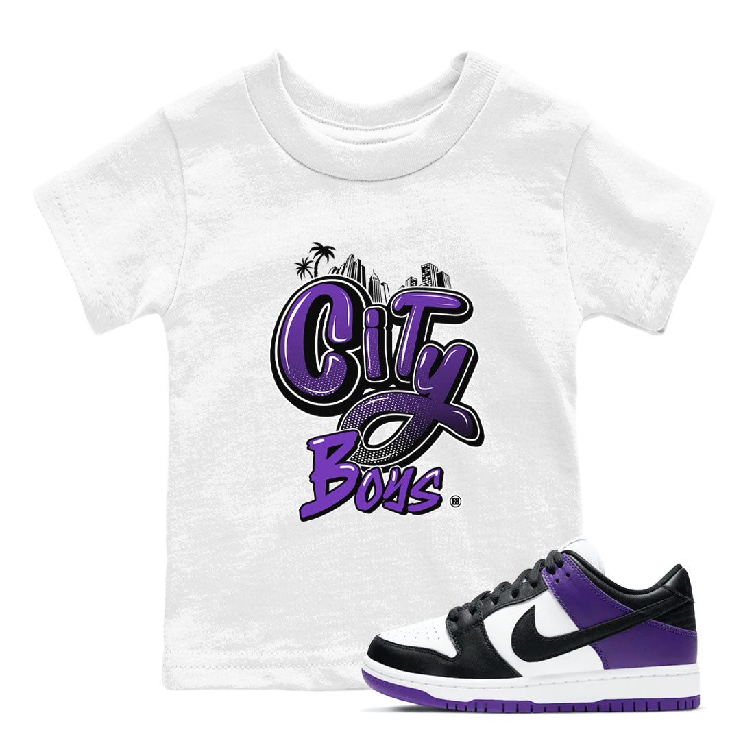 City Boys sneaker match tees to Court Purple Dunks street fashion brand for shirts to match Jordans SNRT Sneaker Tees Dunk Low Court Purple unisex t-shirt White 1 youth shirt