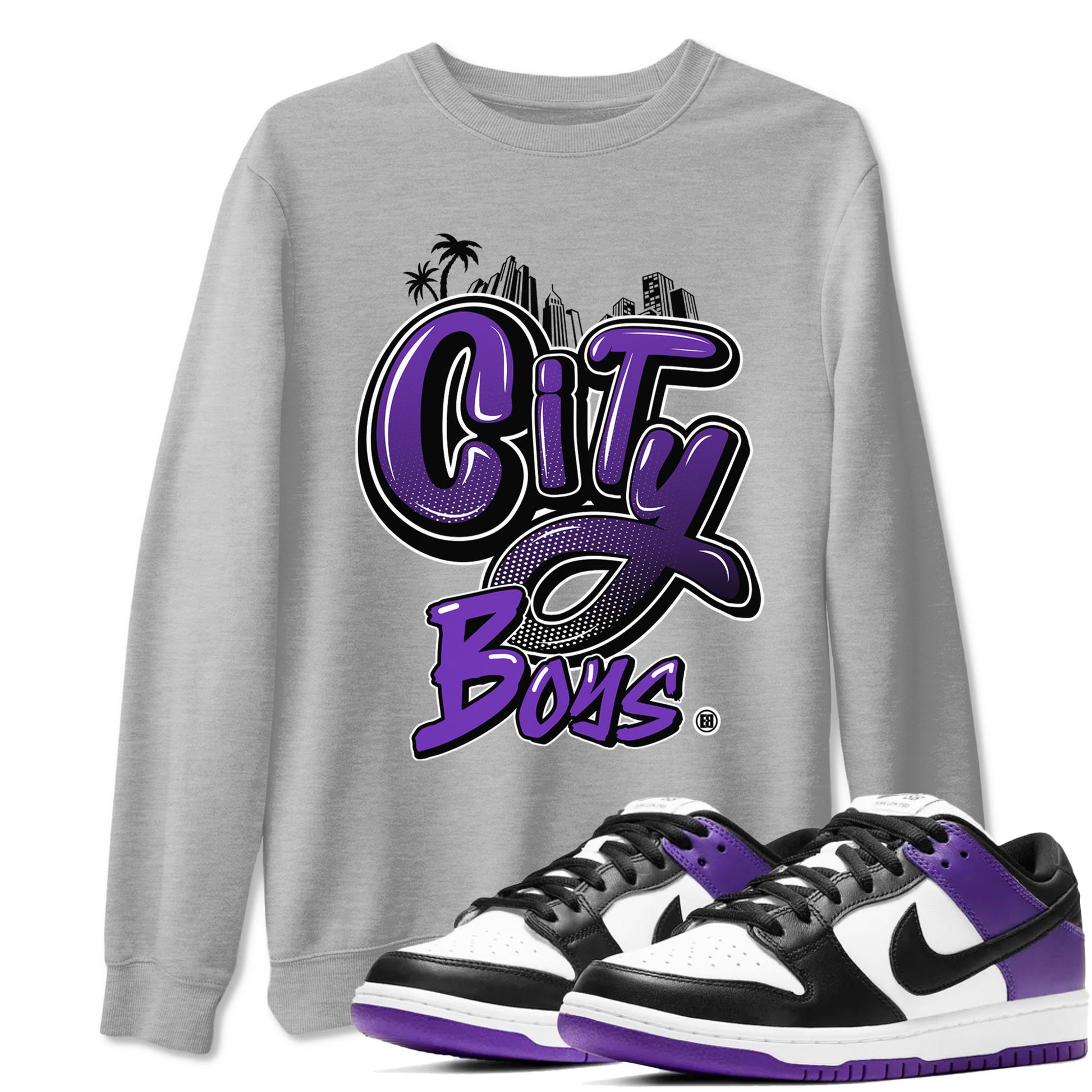 City Boys sneaker match tees to Court Purple Dunks street fashion brand for shirts to match Jordans SNRT Sneaker Tees Dunk Low Court Purple unisex t-shirt Heather Grey 1 unisex shirt