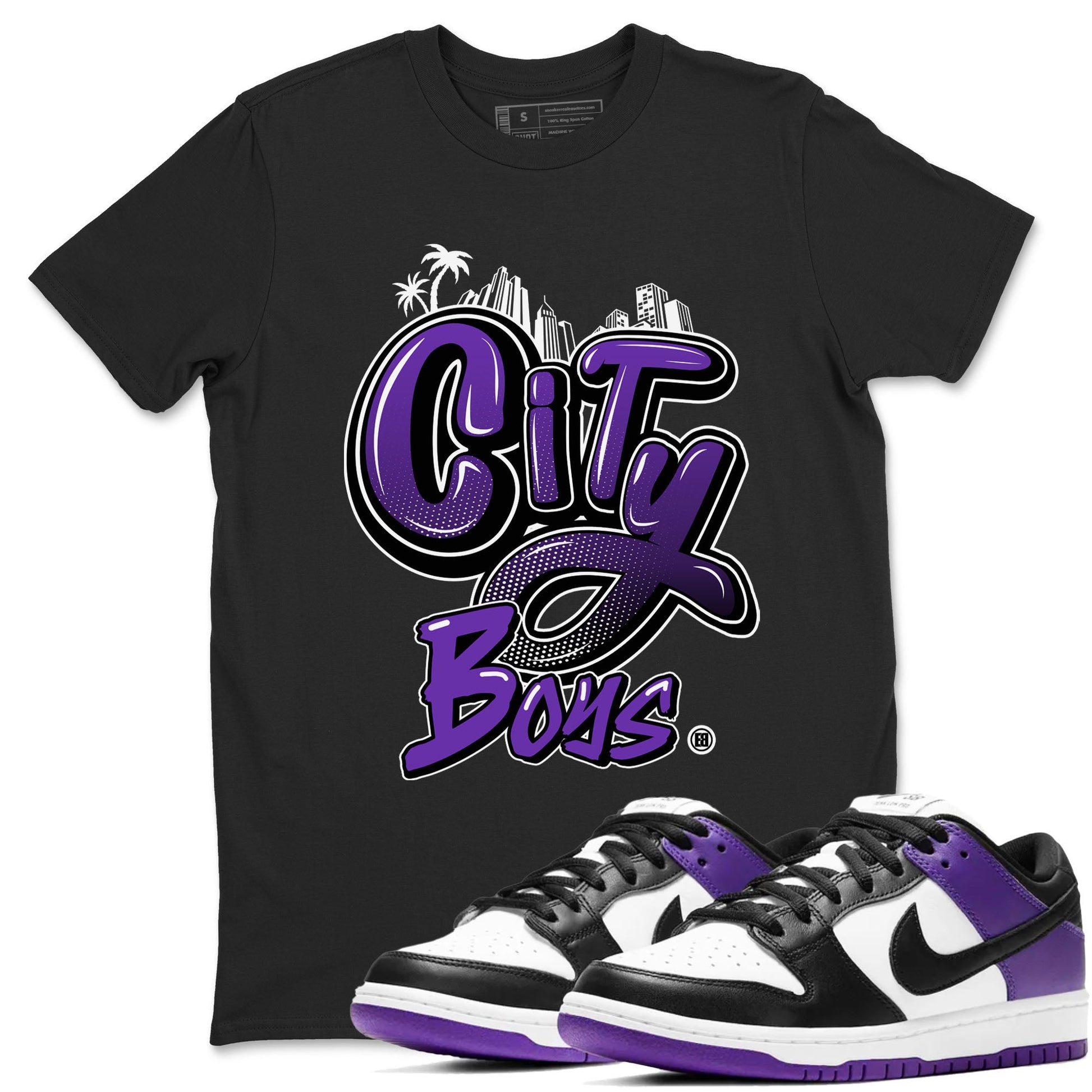 City Boys sneaker match tees to Court Purple Dunks street fashion brand for shirts to match Jordans SNRT Sneaker Tees Dunk Low Court Purple unisex t-shirt Black 1 unisex shirt