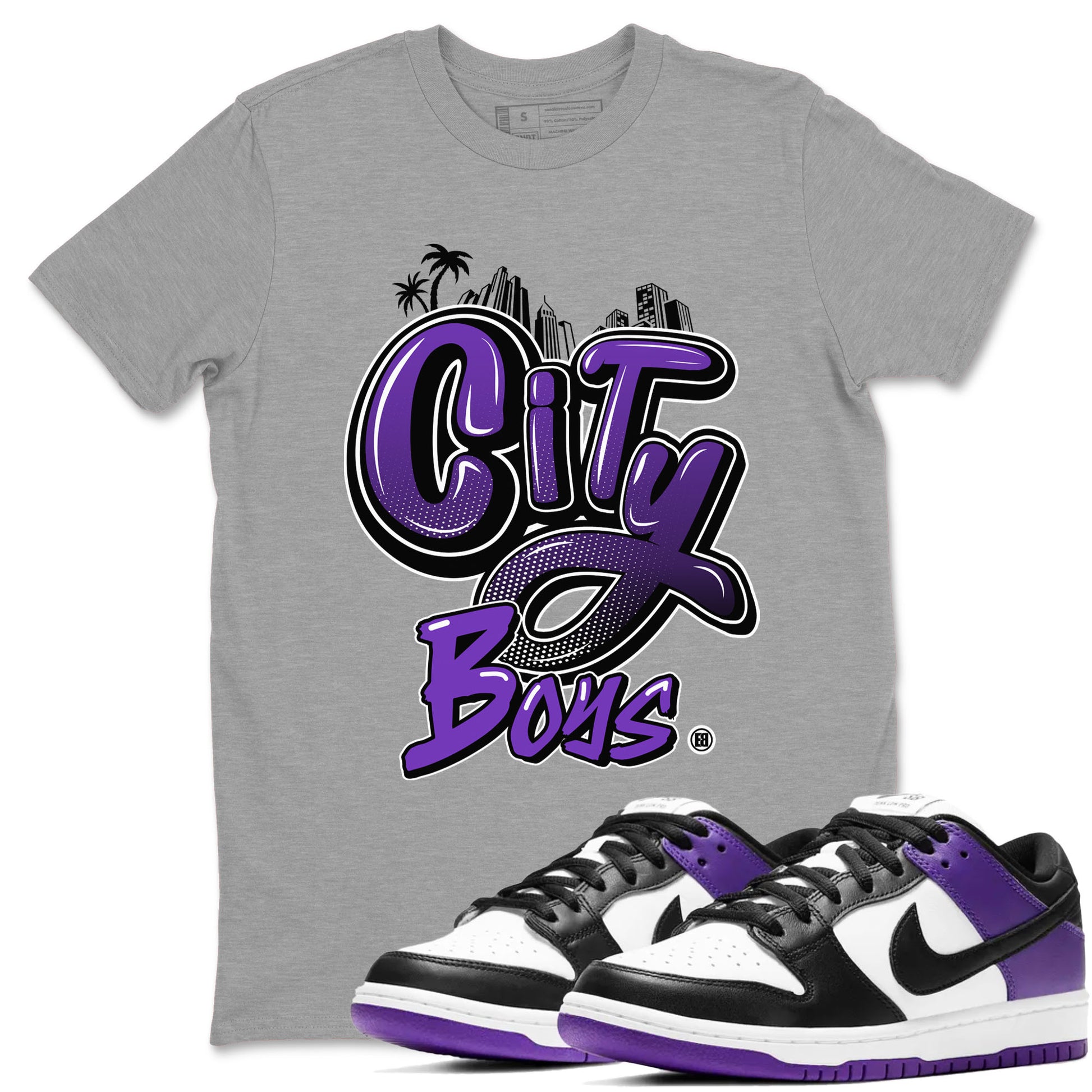 City Boys sneaker match tees to Court Purple Dunks street fashion brand for shirts to match Jordans SNRT Sneaker Tees Dunk Low Court Purple unisex t-shirt Heather Grey 1 unisex shirt