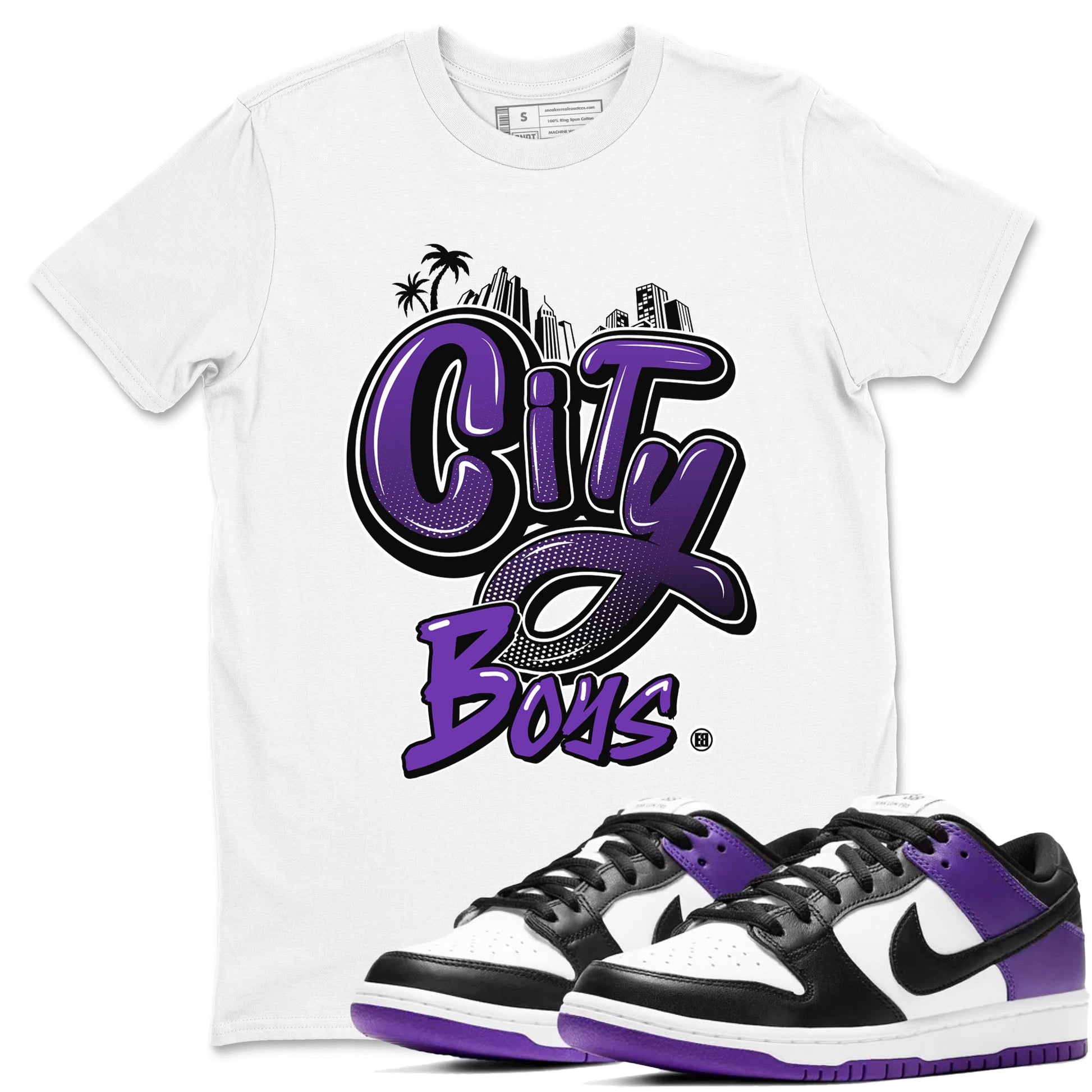 City Boys sneaker match tees to Court Purple Dunks street fashion brand for shirts to match Jordans SNRT Sneaker Tees Dunk Low Court Purple unisex t-shirt White 1 unisex shirt