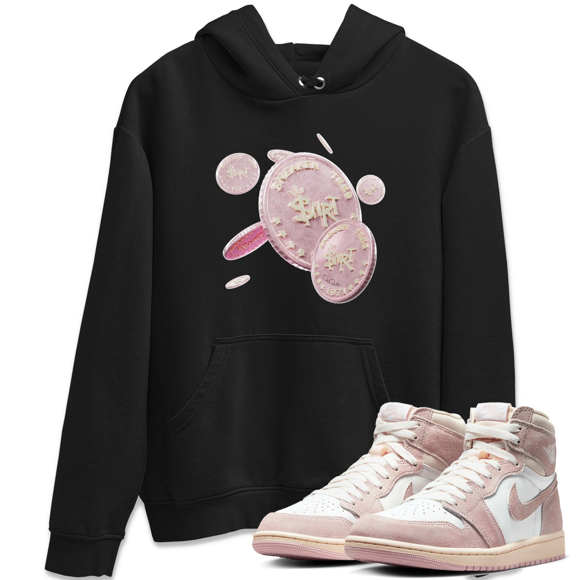AJ1 Retro High OG Washed Pink Sneaker Match Tees Coin Drop Sneaker Tees AJ1 Retro High OG Washed Pink Sneaker Release Tees Unisex Shirts Black 1