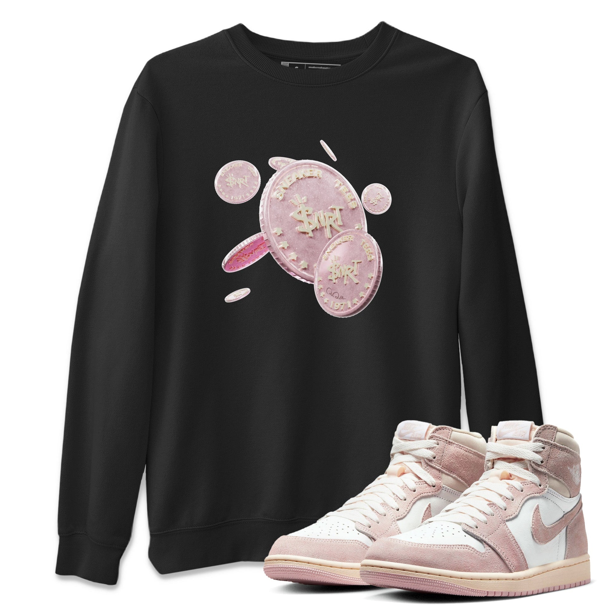 AJ1 Retro High OG Washed Pink Sneaker Match Tees Coin Drop Sneaker Tees AJ1 Retro High OG Washed Pink Sneaker Release Tees Unisex Shirts Black 1