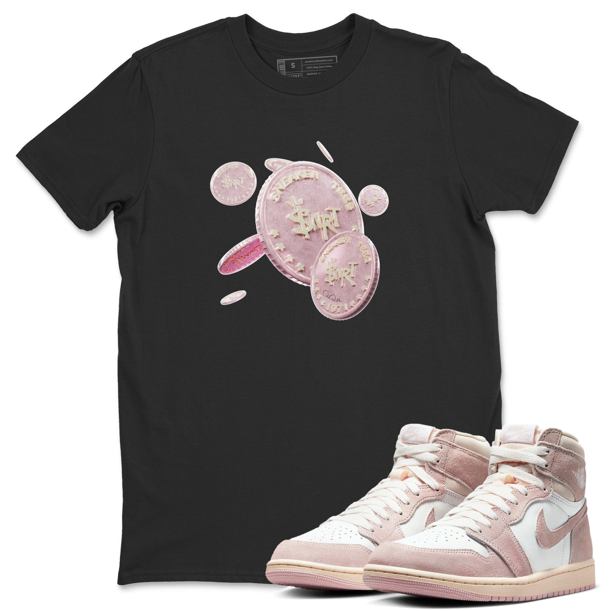 AJ1 Retro High OG Washed Pink Sneaker Match Tees Coin Drop Sneaker Tees AJ1 Retro High OG Washed Pink Sneaker Release Tees Unisex Shirts Black 1