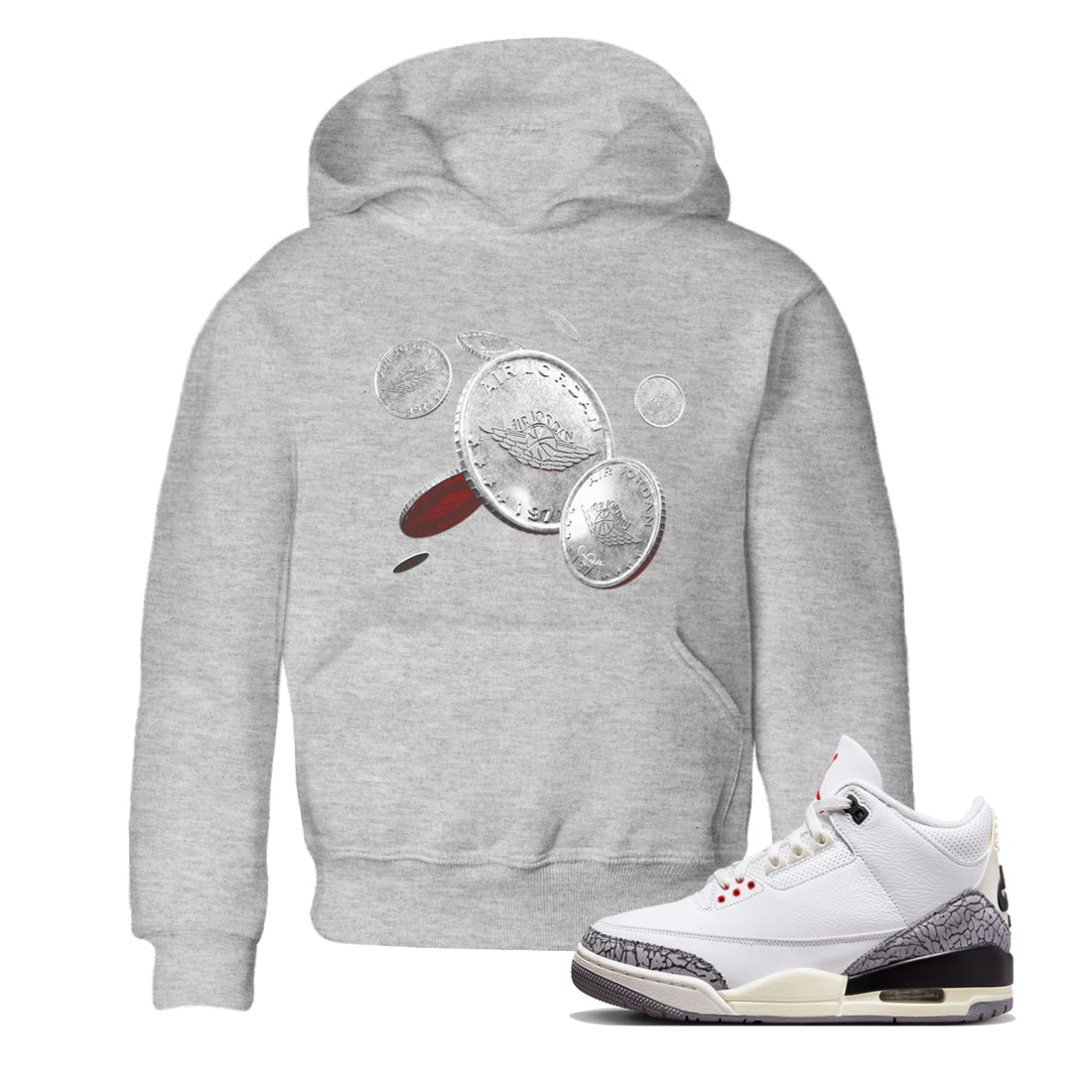 Air Jordan 3 White Cement Sneaker Match Tees Coin Drop Sneaker Tees AJ3 White Cement Sneaker Release Tees Kids Shirts Heather Grey 1