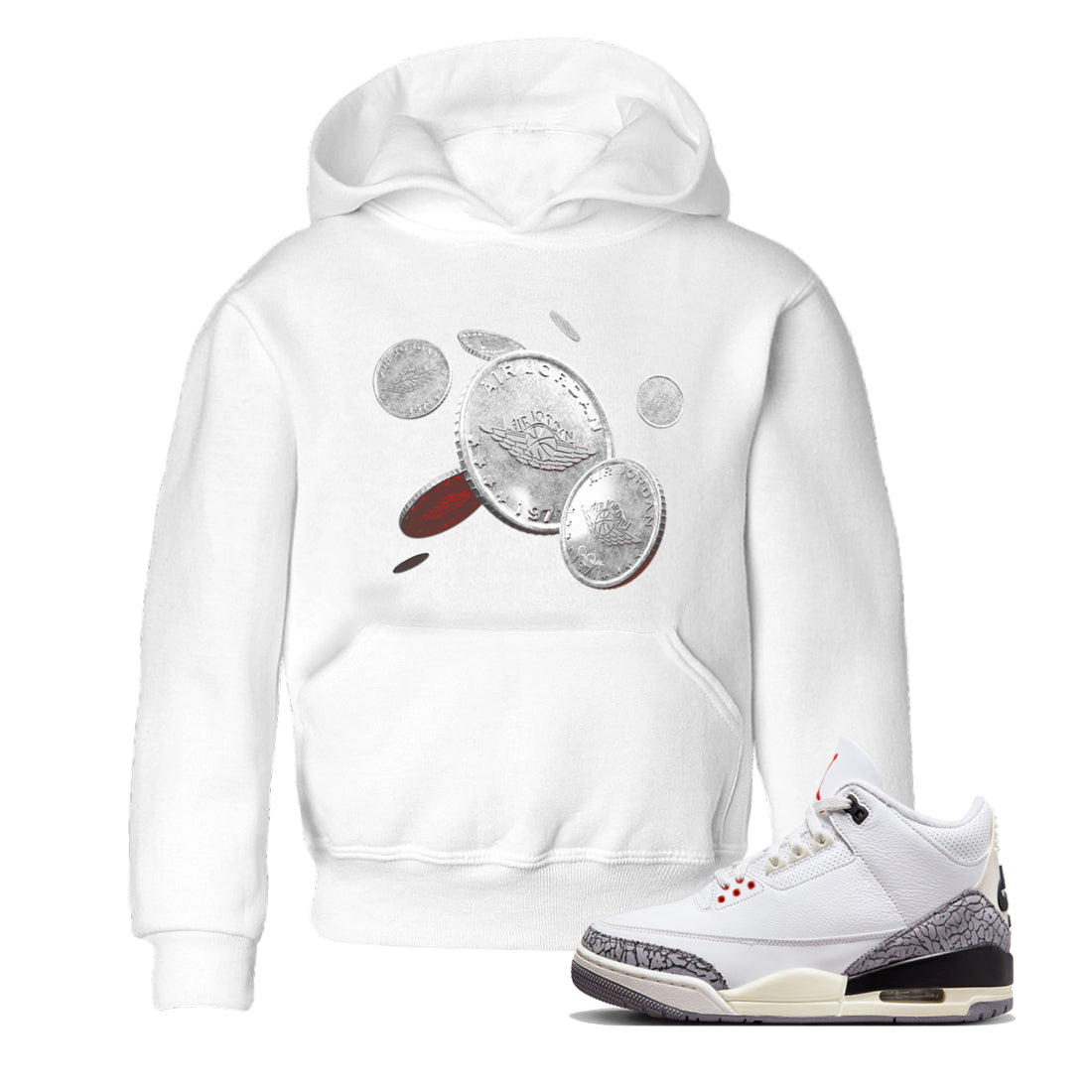Air Jordan 3 White Cement Sneaker Match Tees Coin Drop Sneaker Tees AJ3 White Cement Sneaker Release Tees Kids Shirts White 1