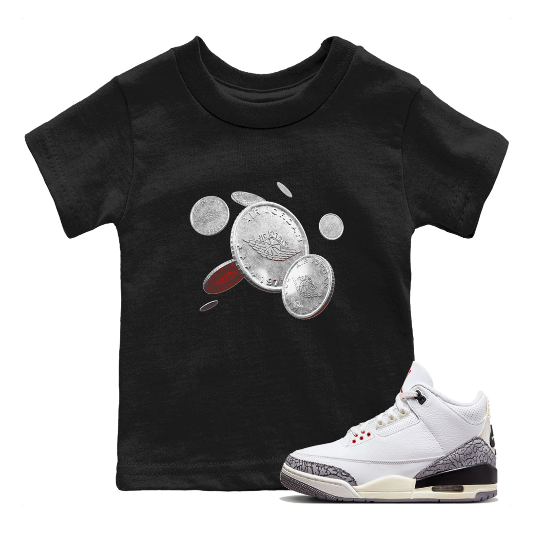 Air Jordan 3 White Cement Sneaker Match Tees Coin Drop Sneaker Tees AJ3 White Cement Sneaker Release Tees Kids Shirts Black 1