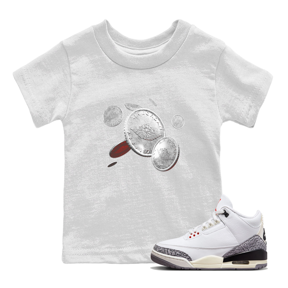 Air Jordan 3 White Cement Sneaker Match Tees Coin Drop Sneaker Tees AJ3 White Cement Sneaker Release Tees Kids Shirts White 1