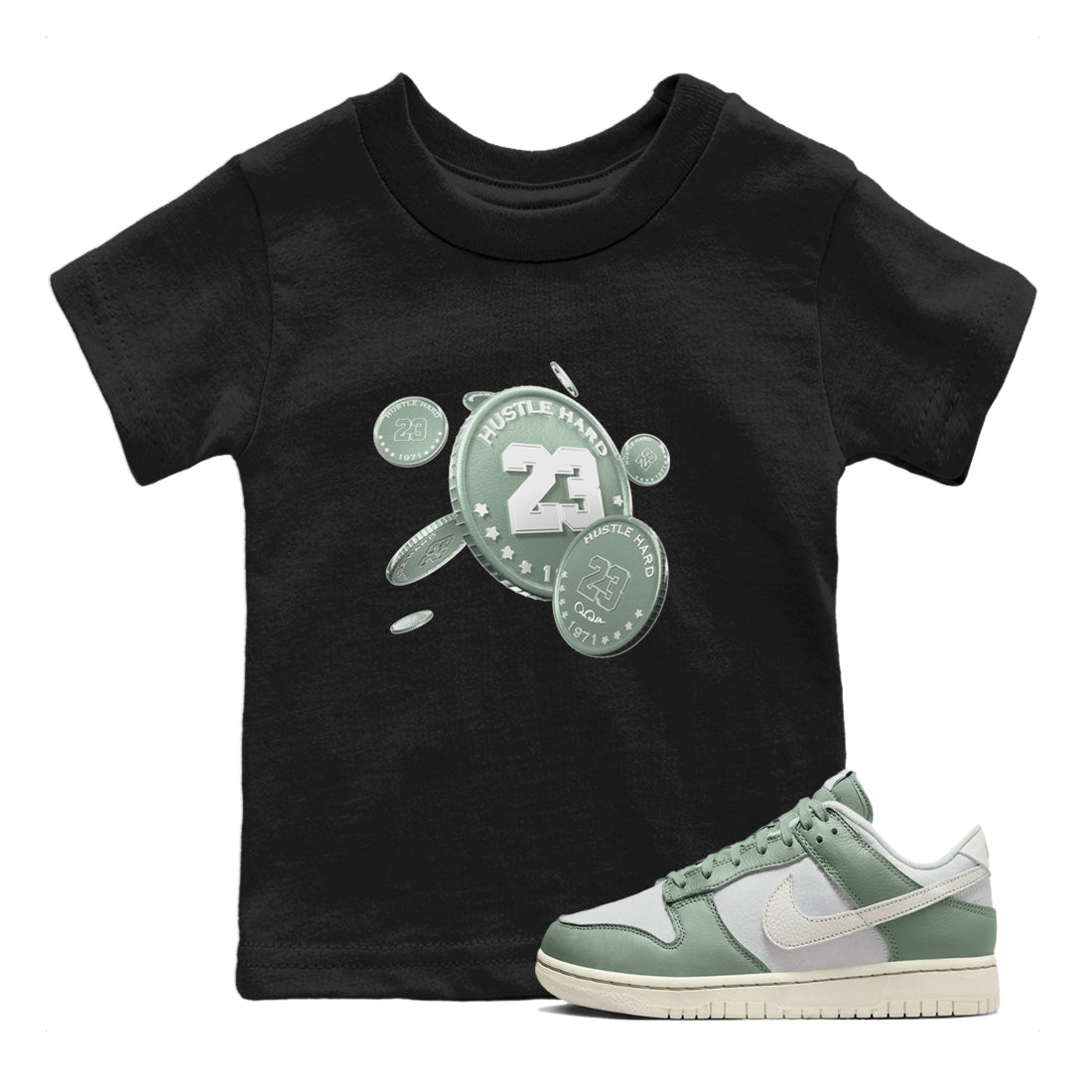 Dunk Mica Green Sneaker Match Tees Coin Drop Sneaker Tees Dunk OG Low Mica Green Sneaker Release Tees Kids Shirts Black 1