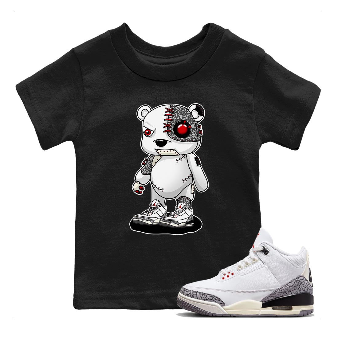 Air Jordan 3 White Cement Sneaker Match Tees Cyborg Bear Sneaker Tees AJ 3s White Cement Sneaker Release Tees Kids Shirts Black 1