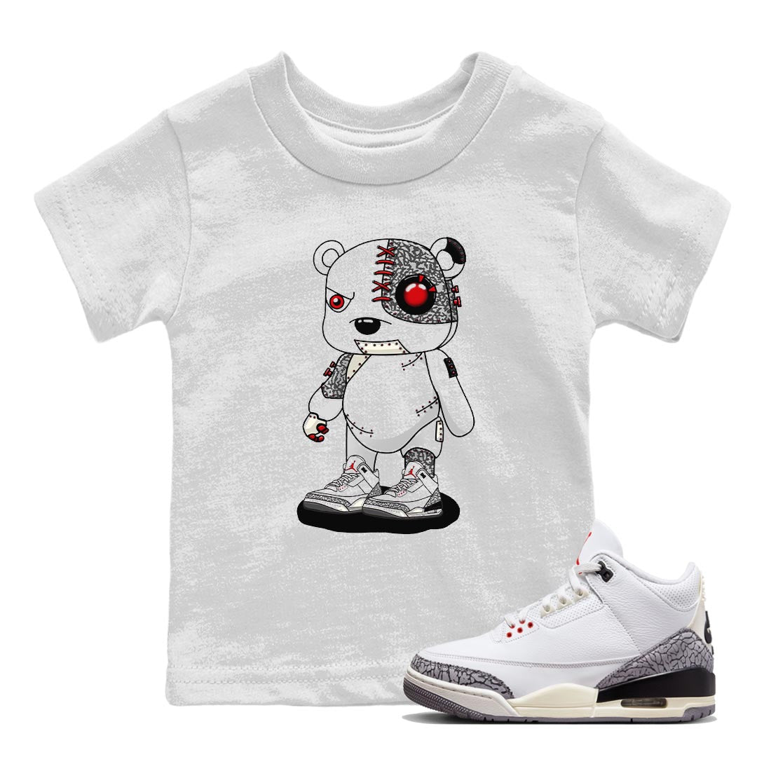 Air Jordan 3 White Cement Sneaker Match Tees Cyborg Bear Sneaker Tees AJ 3s White Cement Sneaker Release Tees Kids Shirts White 1