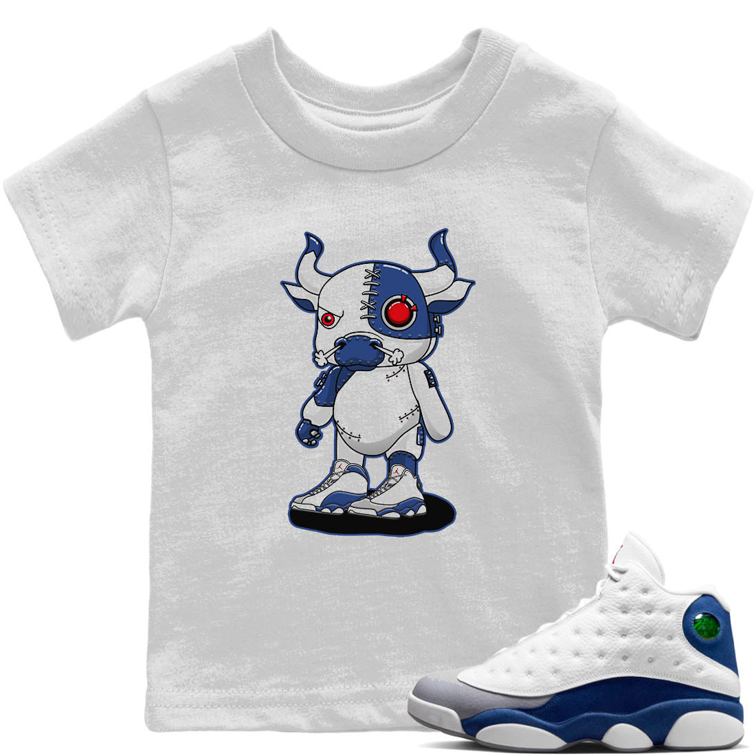 Jordan 13 French Blue Sneaker Match Tees Cyborg Bull Sneaker Tees Jordan 13 French Blue Sneaker Release Tees Kids Shirts