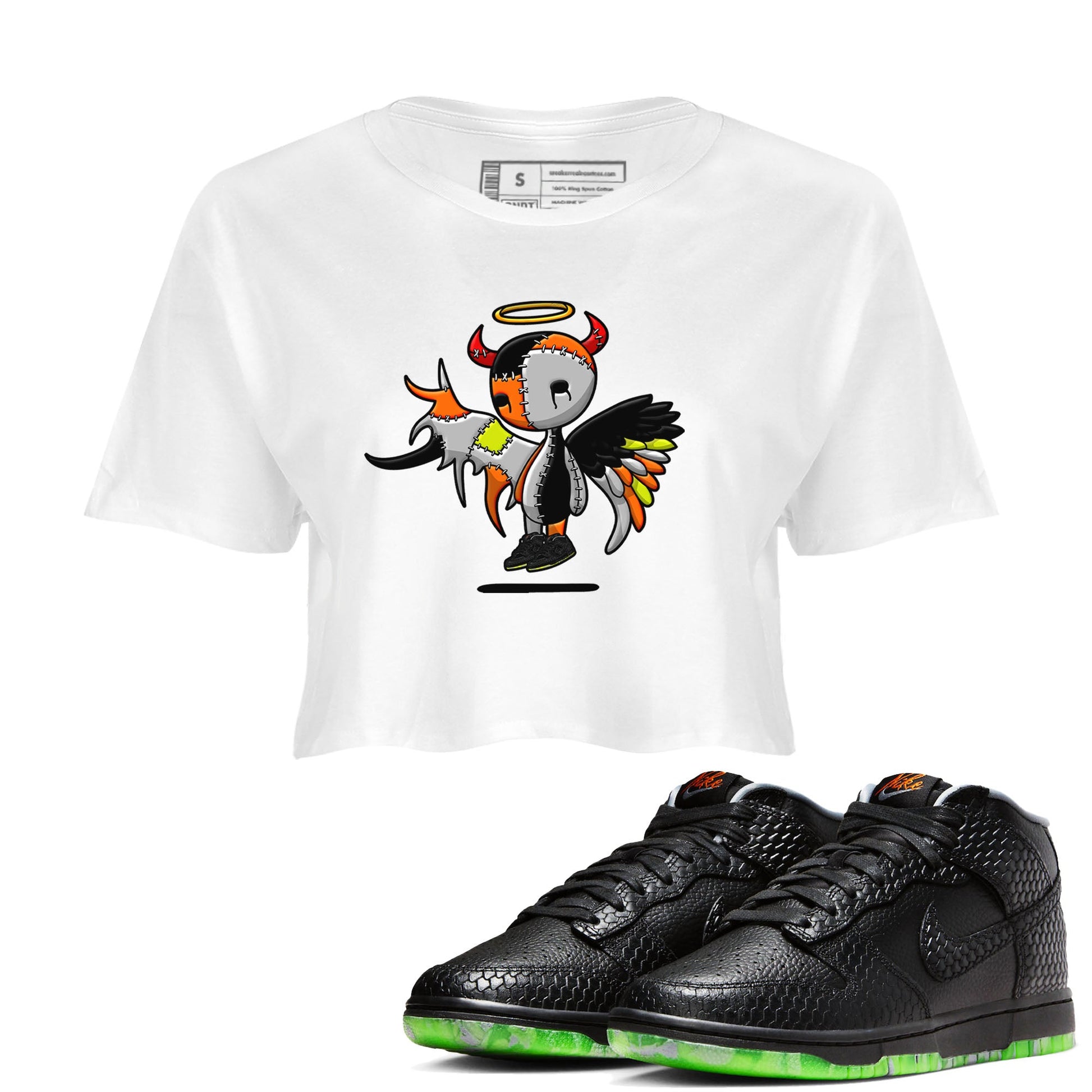 Nike Dunk Mid Premium shirt to match jordans Devil Angel sneaker tees Nike Dunk Mid Halloween SNRT Sneaker Tees Sneaker Matching Clothing Brand White 1 Crop T-Shirt