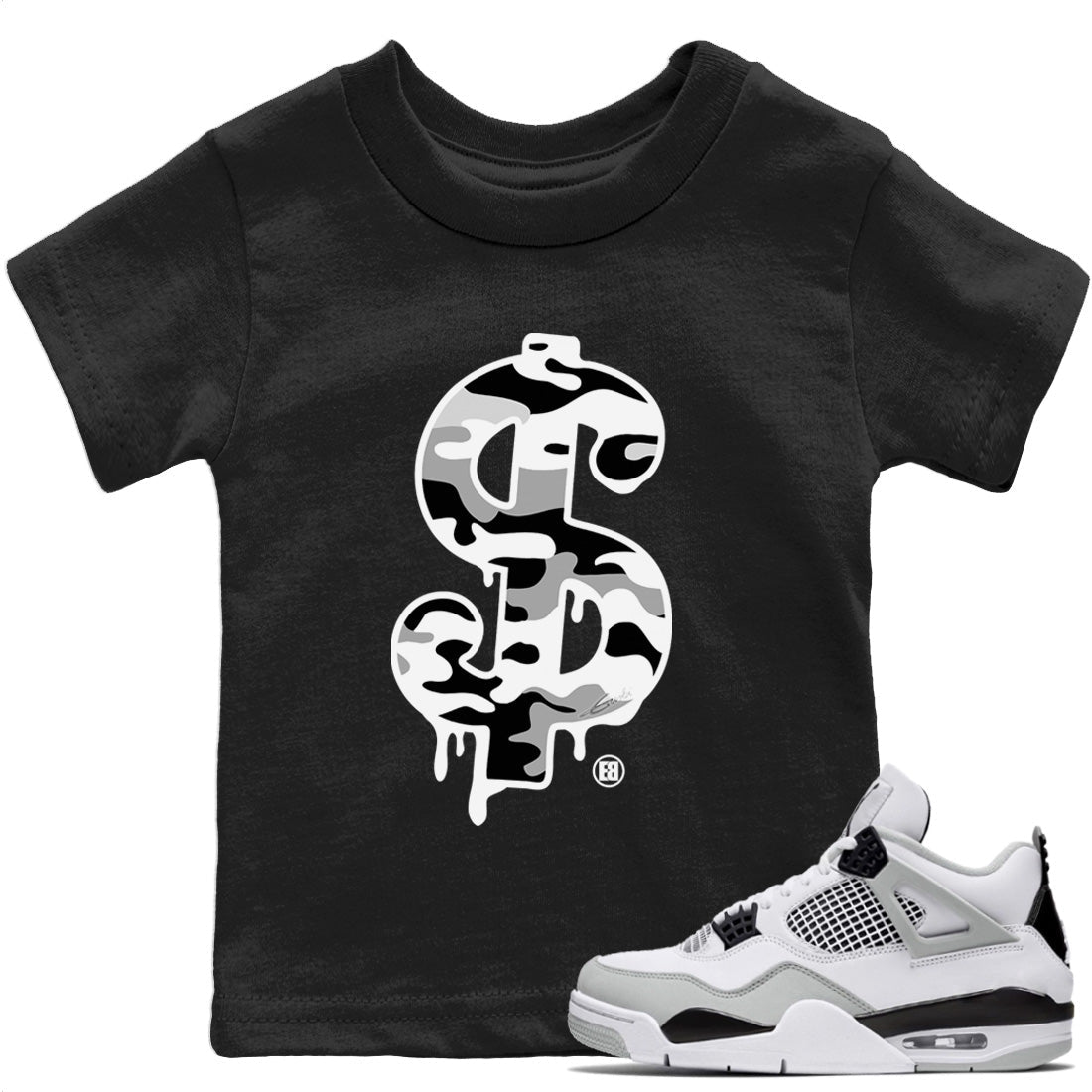 Jordan 4 Military Black Sneaker Match Tees Dollar Camo Sneaker Tees Jordan 4 Military Black Sneaker Release Tees Kids Shirts