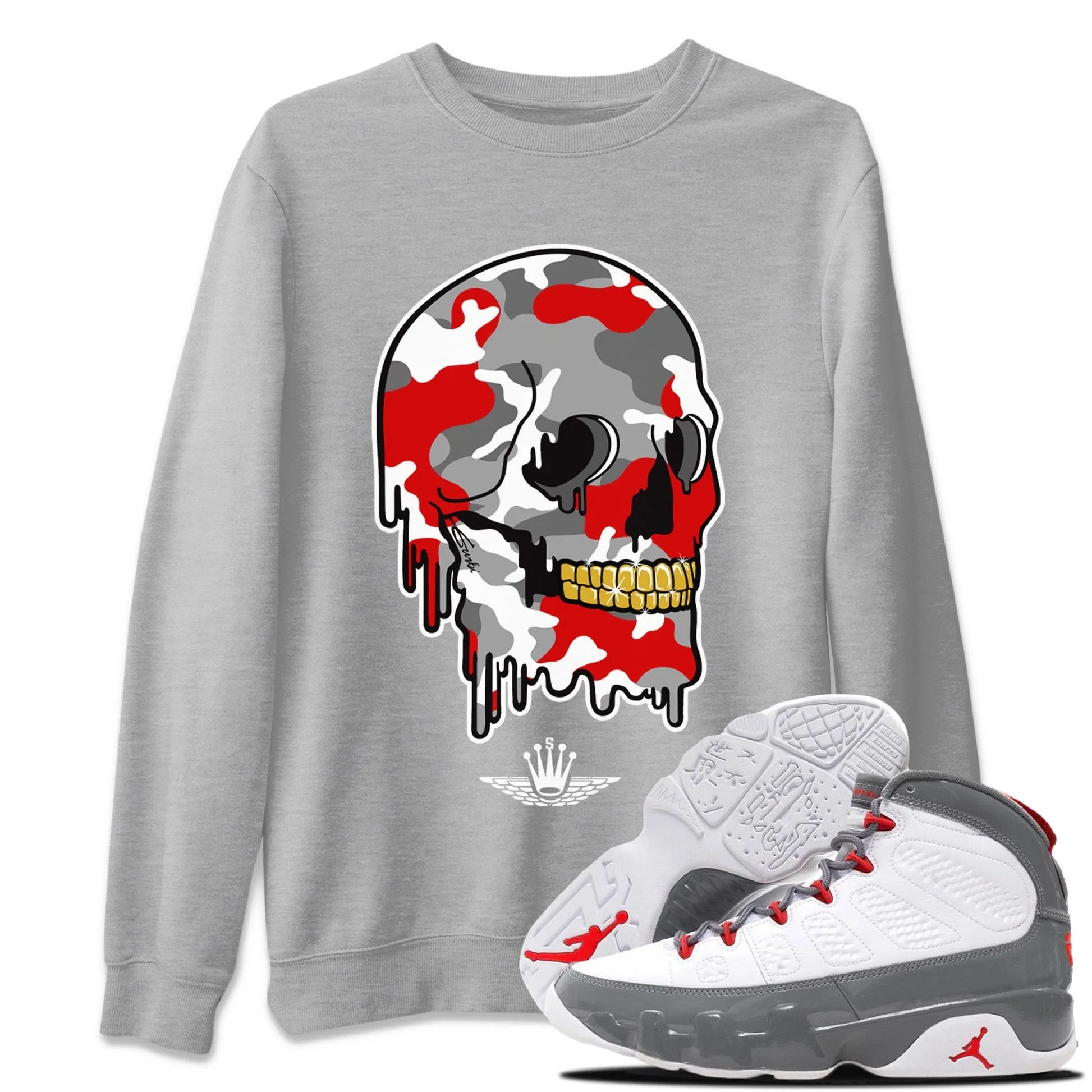 Jordan 9 Fire Red unique Halloween sneaker tee Dripping Camo Skull Sneaker Tees Jordan 9 Fire Red Sneaker Release Tees Unisex Shirts