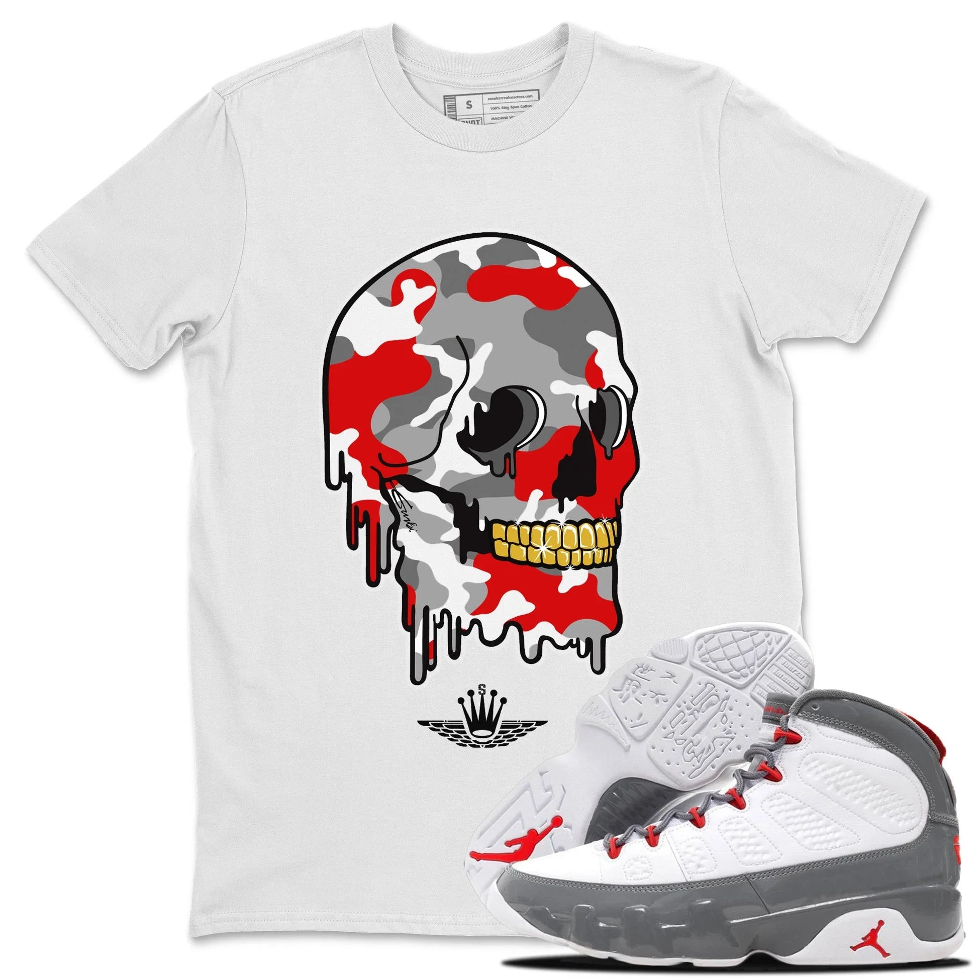 Jordan 9 Fire Red unique Halloween sneaker tee Dripping Camo Skull Sneaker Tees Jordan 9 Fire Red Sneaker Release Tees Unisex Shirts
