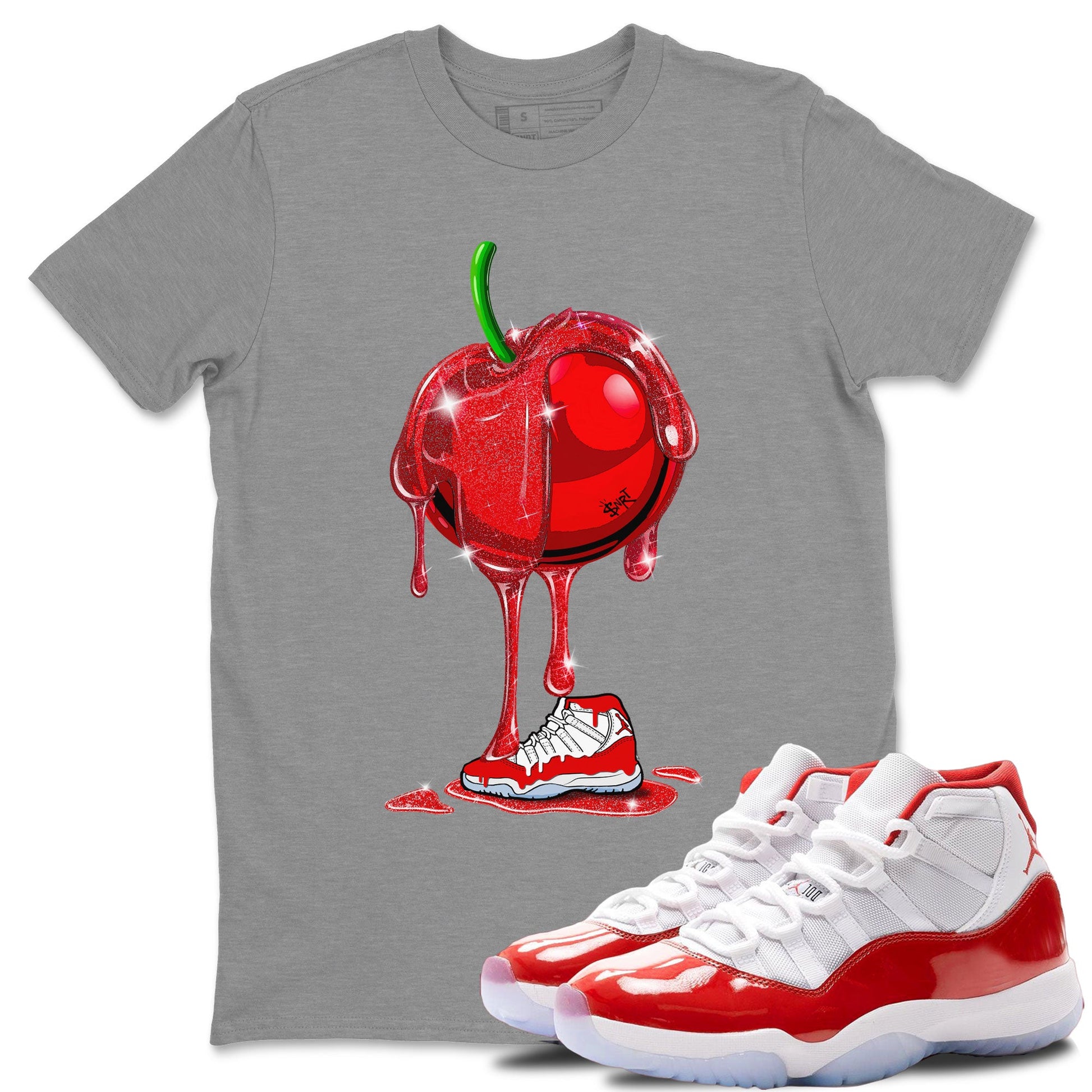 Air Jordan 11 Cherry Sneaker Match Tees Dripping Cherries Sneaker Tees 11s Retro Cherry SNRT Sneaker Release Tees Unisex Shirts Heather Grey 1