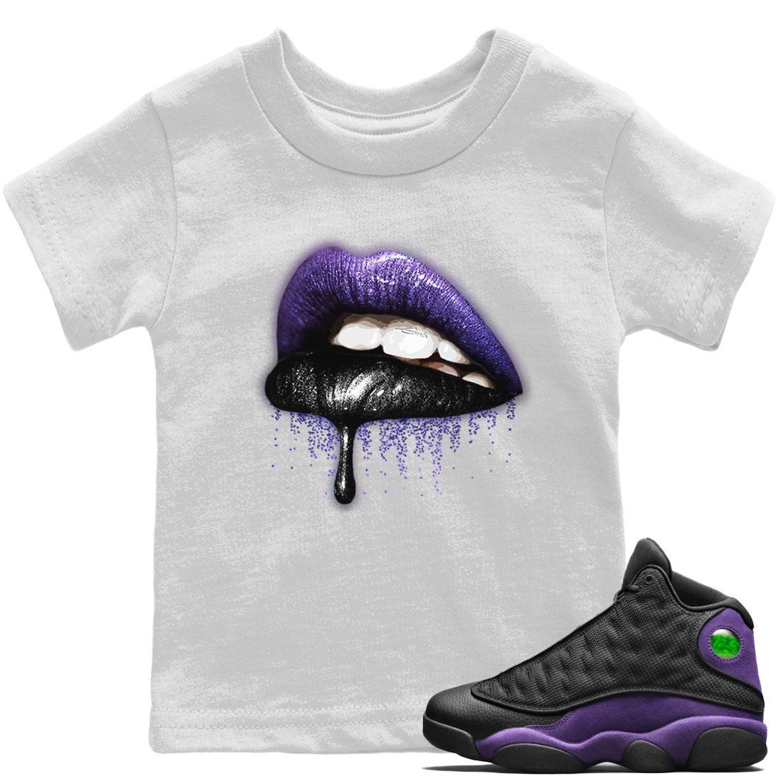 Jordan 13 Court Purple Sneaker Match Tees Dripping Lips Sneaker Tees Jordan 13 Court Purple Sneaker Release Tees Kids Shirts