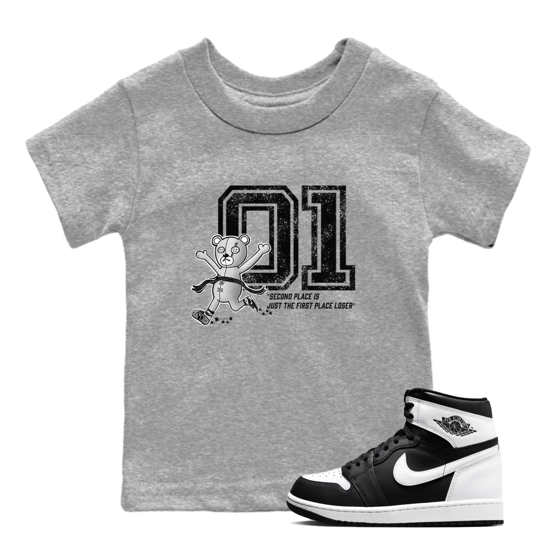 1s Black White shirt to match jordans First Place Winner sneaker tees Air Jordan 1 Retro Black White SNRT sneaker release tees baby toddler Heather Grey 1 cotton Shirt