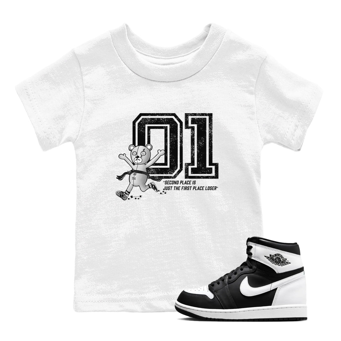 1s Black White shirt to match jordans First Place Winner sneaker tees Air Jordan 1 Retro Black White SNRT sneaker release tees baby toddler White 1 cotton Shirt