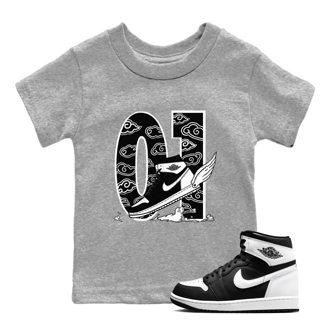 1s Black White shirt to match jordans Fly To The Clouds sneaker tees Air Jordan 1 Retro Black White SNRT sneaker release tees baby toddler Heather Grey 1 cotton Shirt