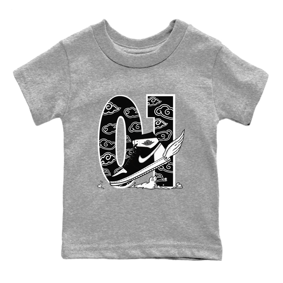 1s Black White shirt to match jordans Fly To The Clouds sneaker tees Air Jordan 1 Retro Black White SNRT sneaker release tees baby toddler Heather Grey 2 cotton Shirt