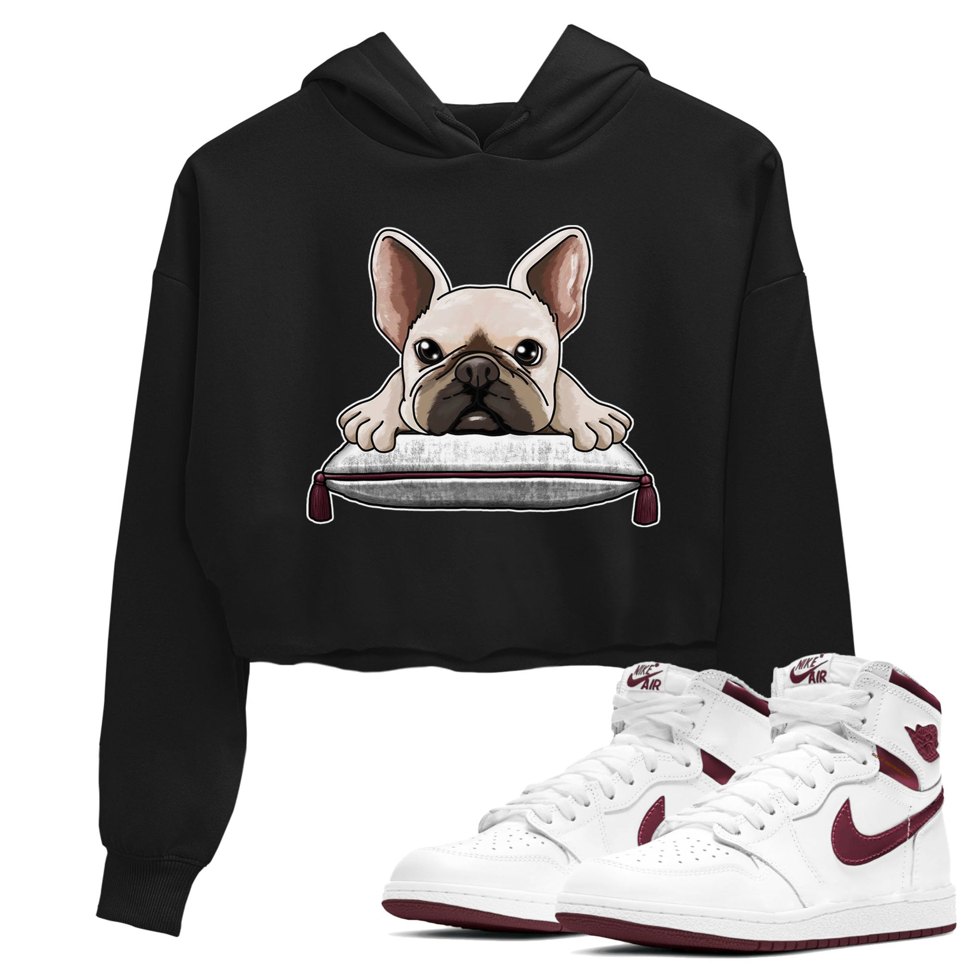 AJ1 Metalic Burgundy shirt to match jordans French Bulldog sneaker tees Air Jordan 1 Metalic Burgundy SNRT Sneaker Release Tees Black 1 crop length shirt