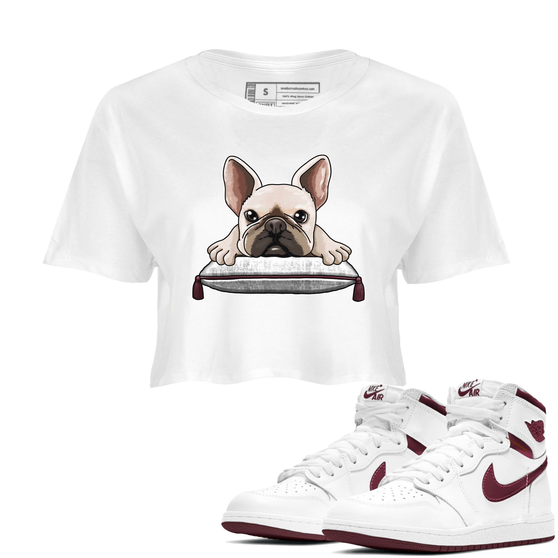 AJ1 Metalic Burgundy shirt to match jordans French Bulldog sneaker tees Air Jordan 1 Metalic Burgundy SNRT Sneaker Release Tees White 1 crop length shirt