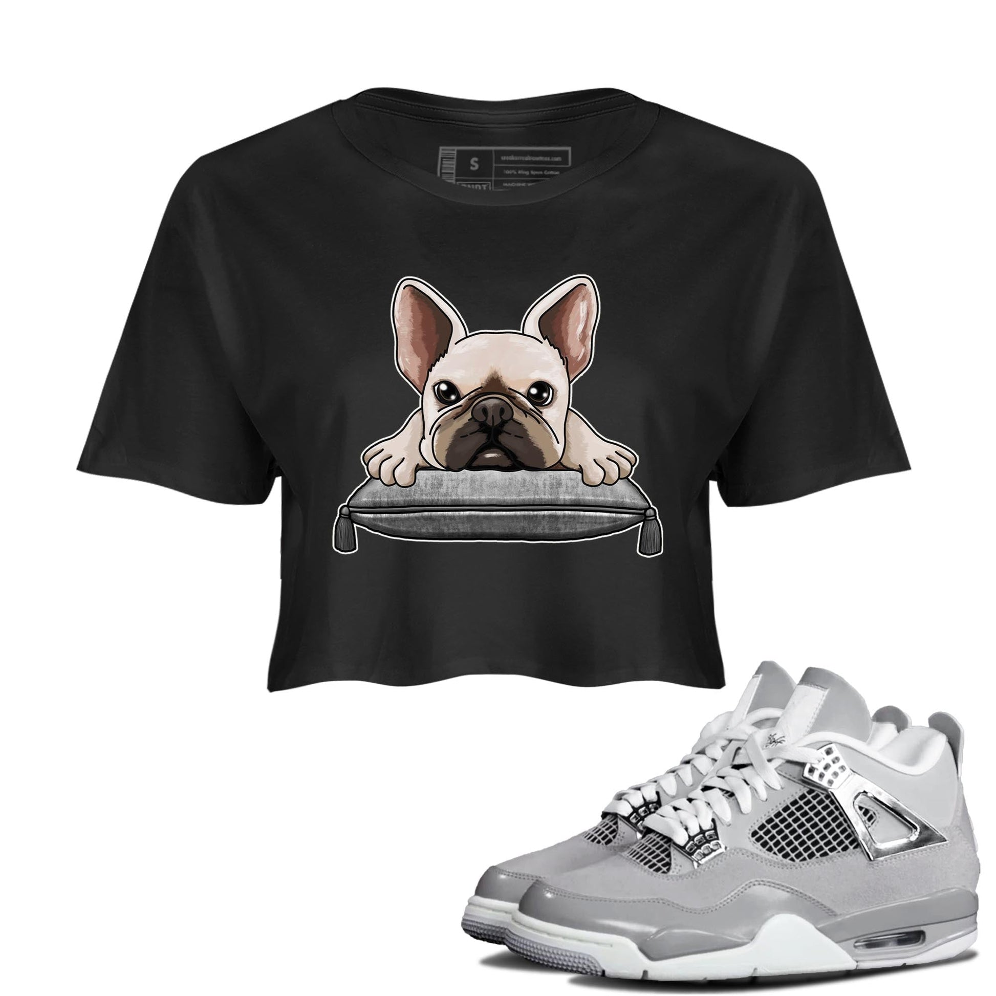 AJ4 Frozen Moments shirt to match jordans French Bulldog sneaker tees Crew Neck AJ4 Frozen Moments SNRT Sneaker Release Tees Black 1 Crop T-Shirt