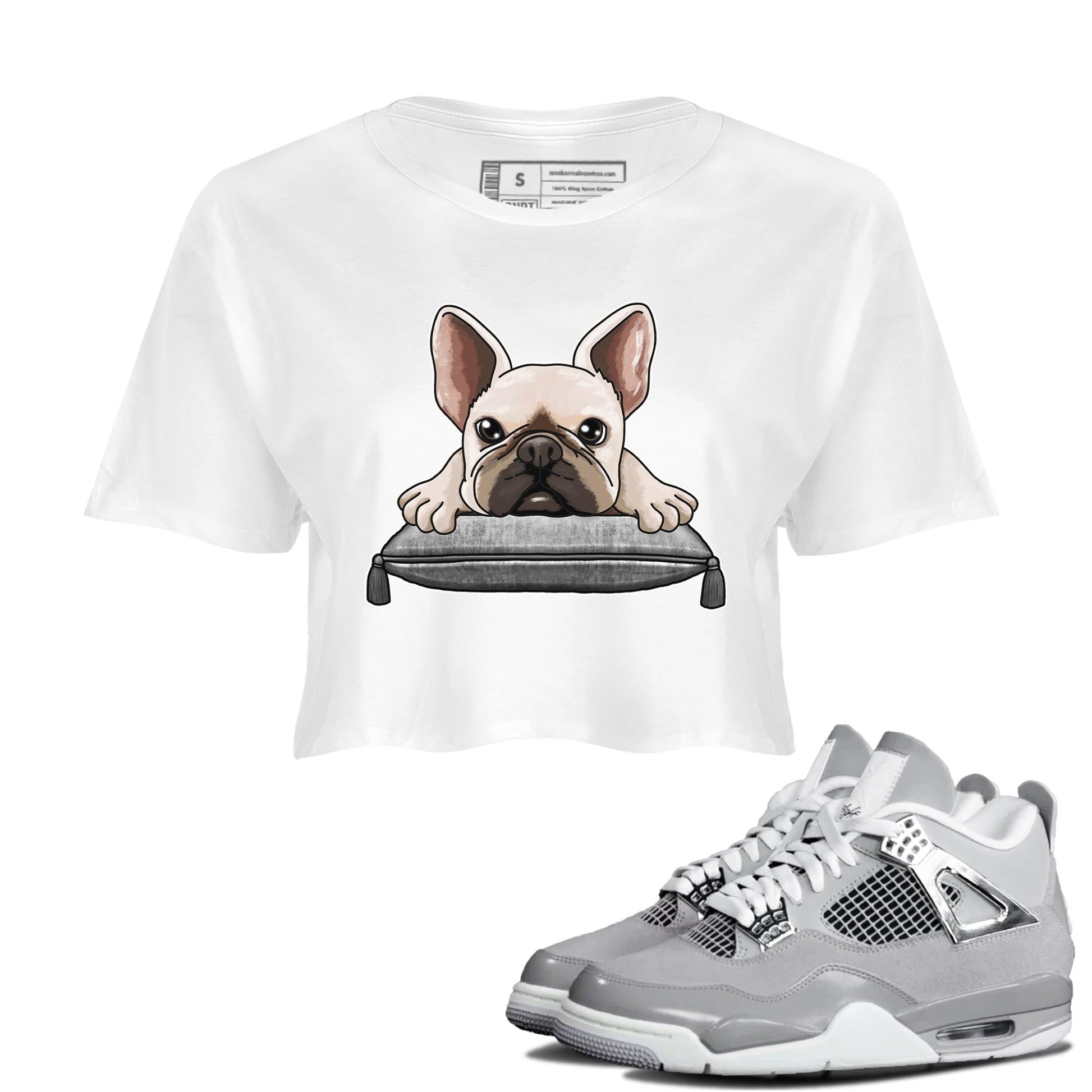 AJ4 Frozen Moments shirt to match jordans French Bulldog sneaker tees Crew Neck AJ4 Frozen Moments SNRT Sneaker Release Tees White 1 Crop T-Shirt