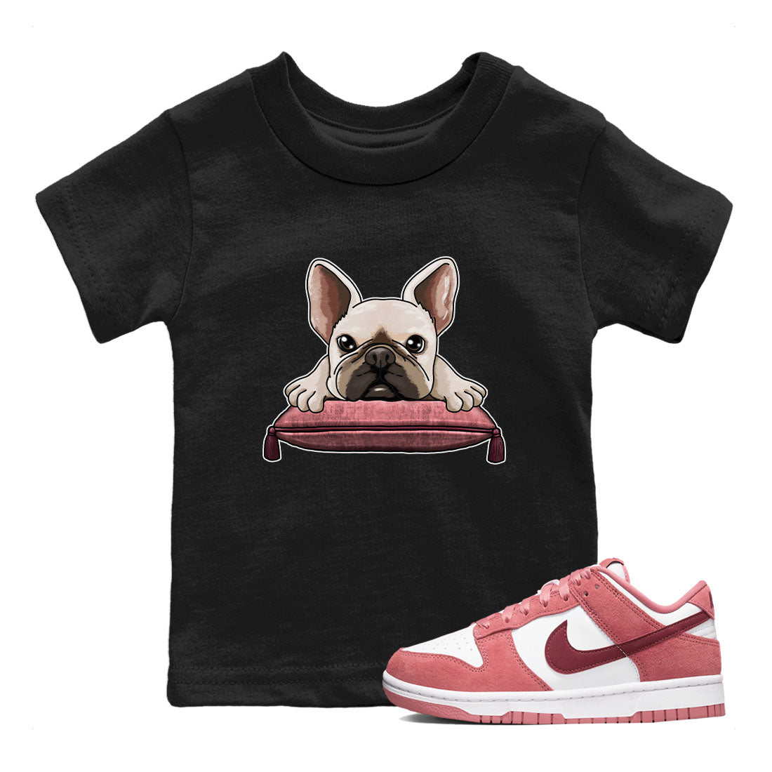 Dunk Valentine's Day shirt to match jordans French Bulldog sneaker tees Dunks Valentine's Day SNRT sneaker release tees baby toddler Black 1 cotton Shirt