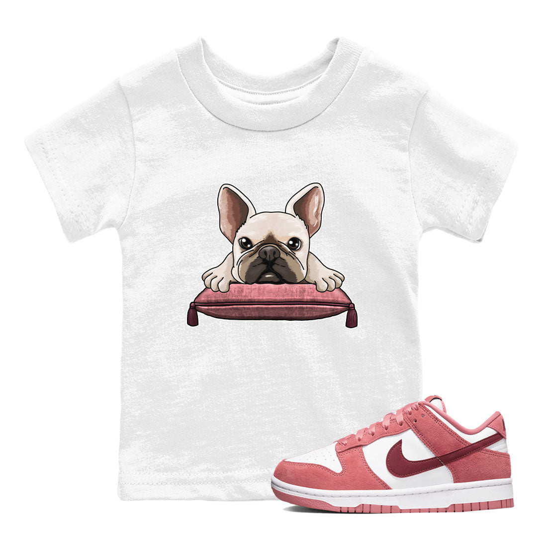 Dunk Valentine's Day shirt to match jordans French Bulldog sneaker tees Dunks Valentine's Day SNRT sneaker release tees baby toddler White 1 cotton Shirt